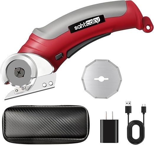 Cordless Electric Scissors,4.2V Carpet & Cardboard Cutter Multi-Cutting Tools with Safety Lock & a Replacement Blade/Charger,Rechargeable Powerful Fabric Cutter with Storage Box(Red)