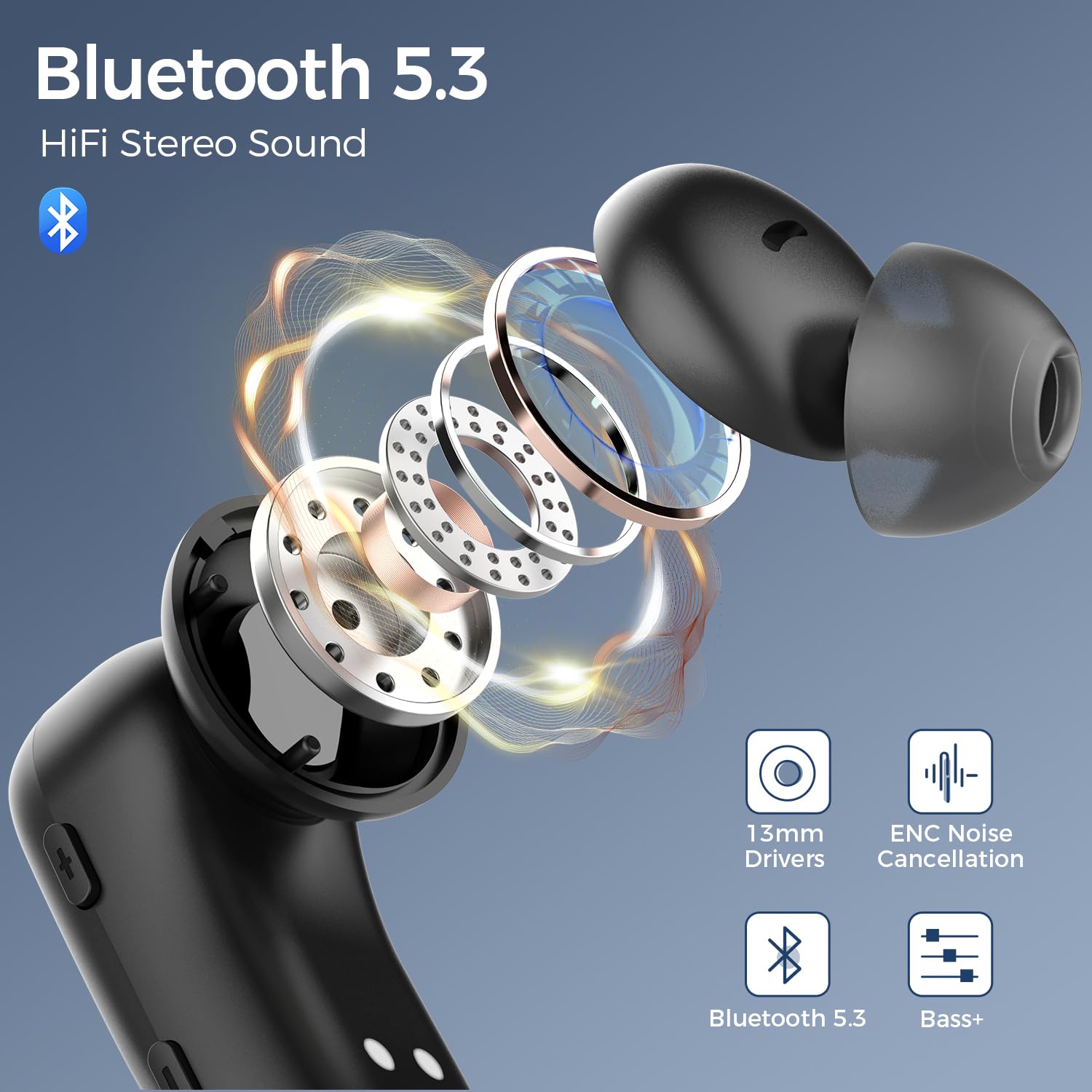 Cuffie Bluetooth 5.3 Auricolari senza fili 130 ore di autonomia Ricarica senza fili Auricolari IPX7 Impermeabili con ganci per orecchie Display a LED per lo sport e la corsa
