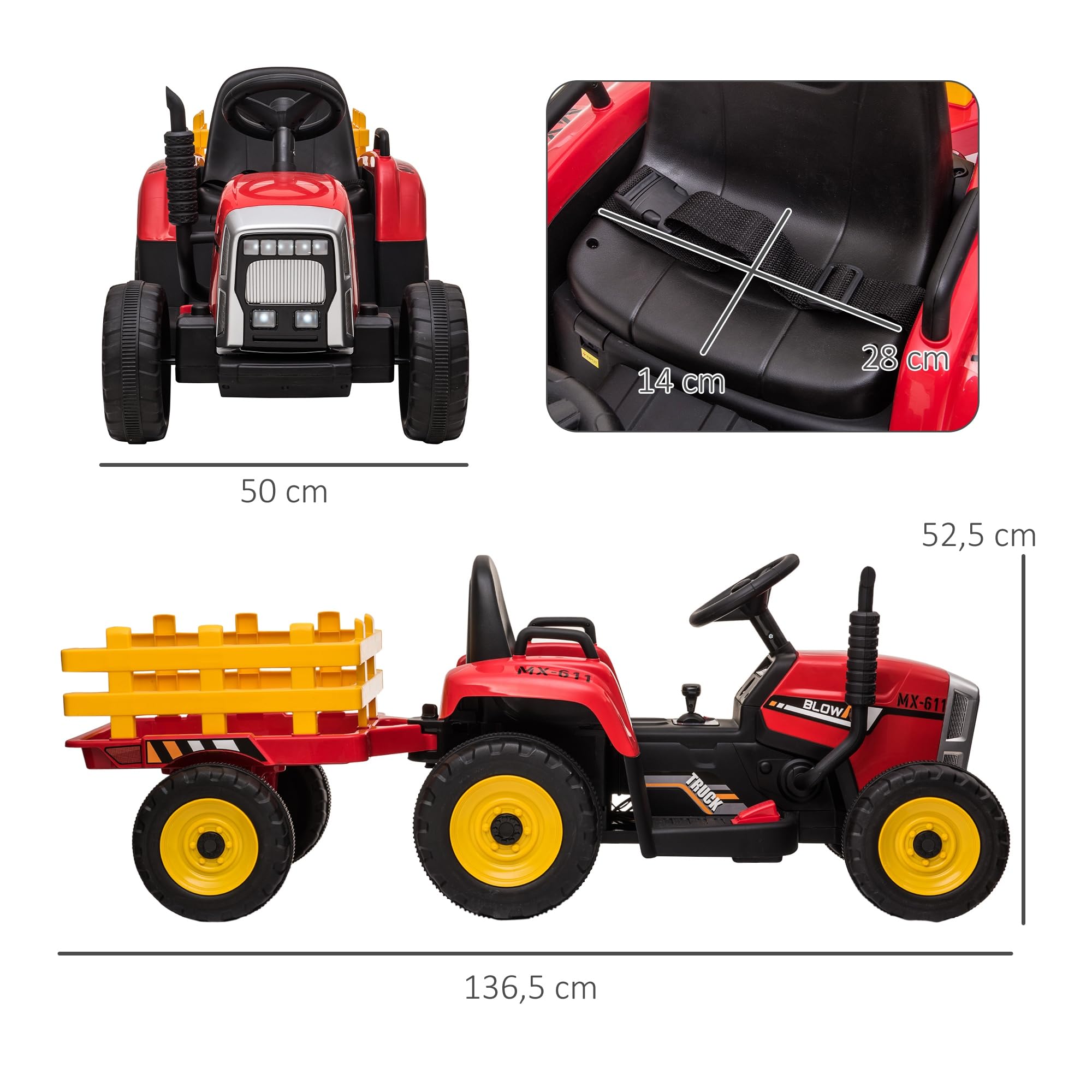 HOMCOM Elektryczny traktor z przyczepą, 2,4G pilot, 3-6 km/h, czerwony | Traktor dla dzieci, elektryczny pojazd dla dzieci z funkcją MP3, pojazd dla dzieci z reflektorem, dla wieku 3-6 lat
