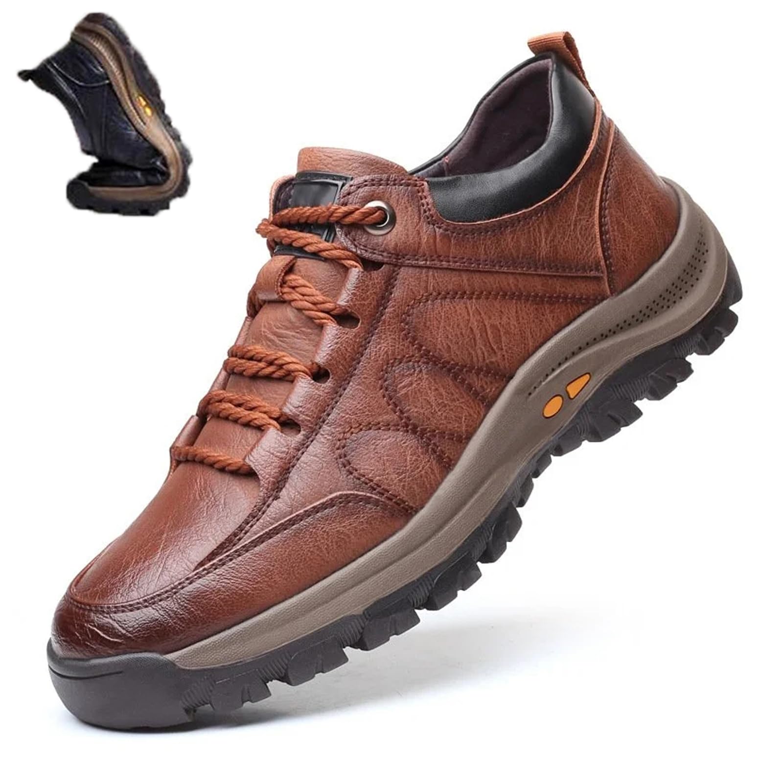 Hand-stitched Leather Shoes,Men Hiking Shoes Arch Support Anti-Fatigue Anti Slip Shock Warm Running Boots,Men's Comfortable Orthopedic Leather Sneakers with Arch Support