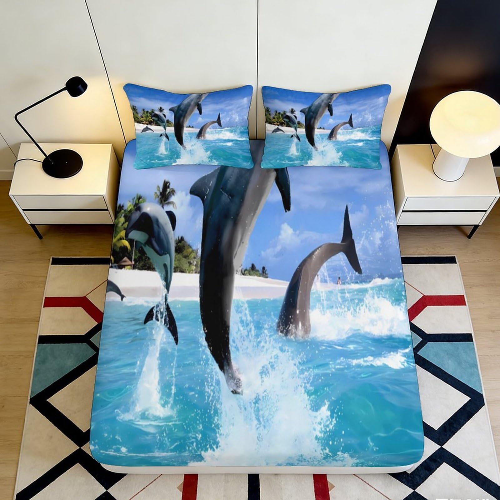 Jqzkxnhpbr Style-4 3D Printed Ocean Dolphin Fitted Sheet Microfiber Soft Blue Sea Waves Mattress Cover For Bedroom Guest Room Home Decor 90X200x25cm