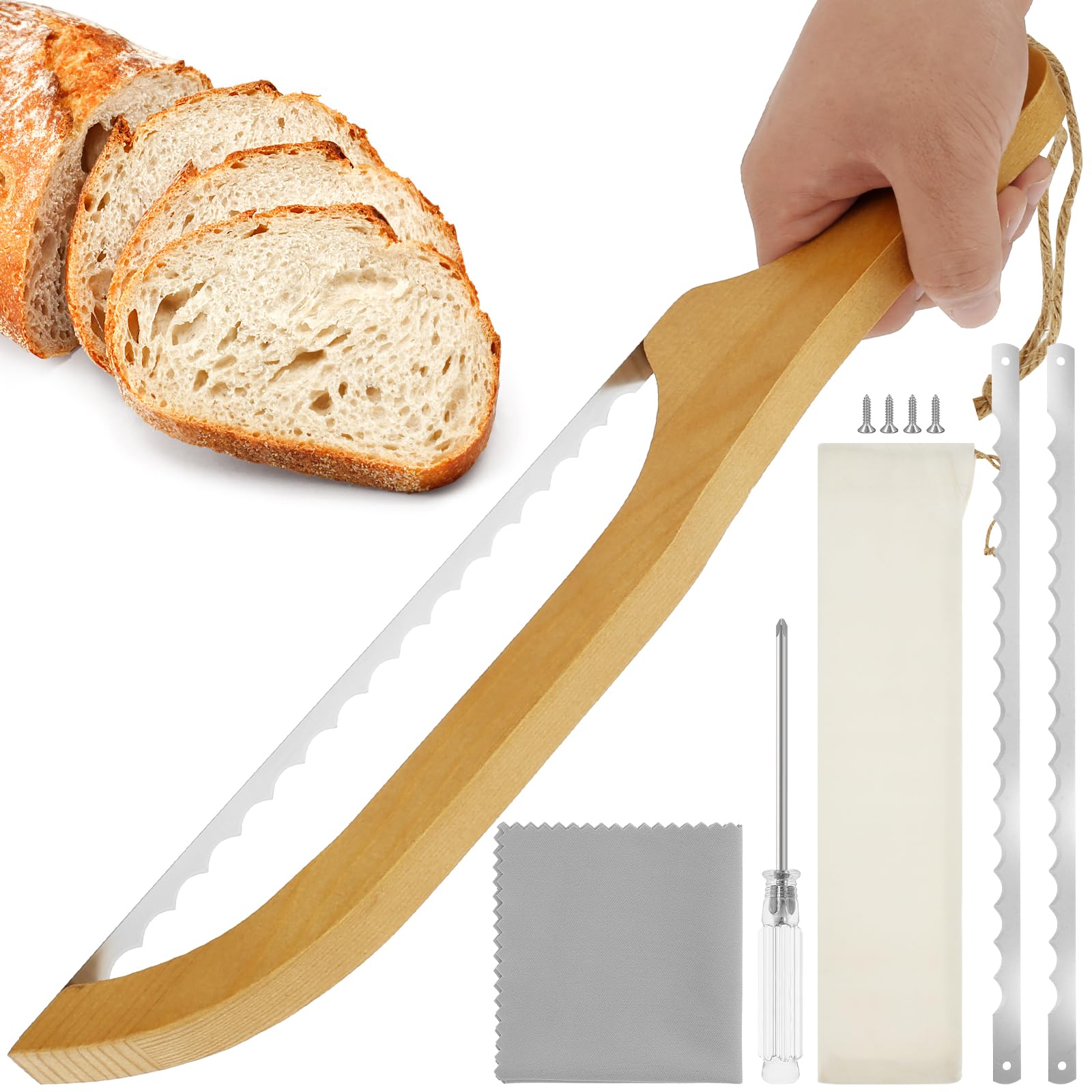 RVEFOT Bread Slicer Serrated,Wooden Bow Bread Knife for Homemade Bread, Stainless Steel Bread Bow Cutter Bagel Cutter with Spare Blades&Screws,Sourdough Bread Slicer Kitchen Gift