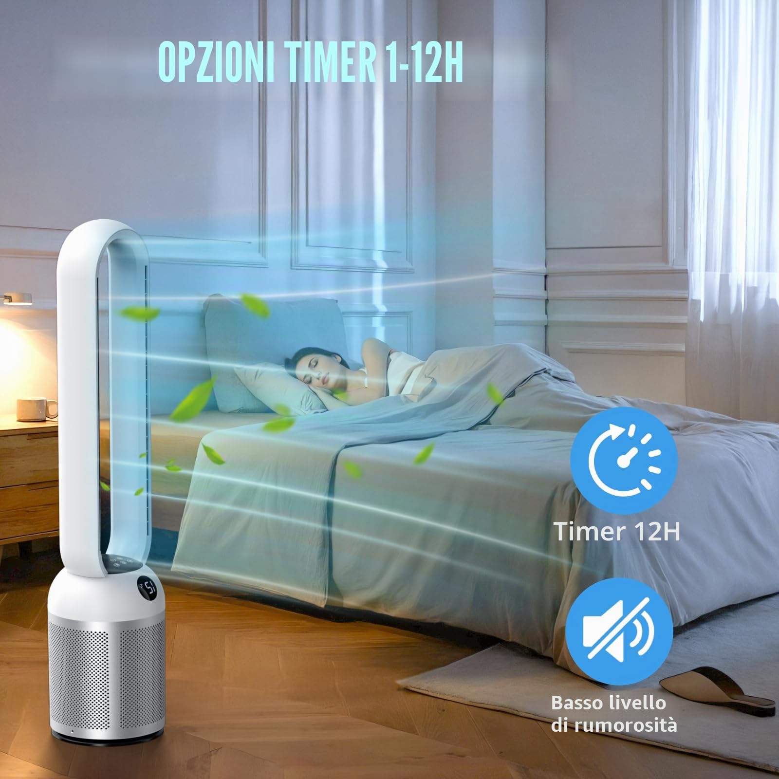 Ventilatore a Torre silenzioso, 24 Velocità, Oscillazione a 90°, Display a LED, Timer 12 Ore, Ideale per Camera da Letto, Ufficio, Soggiorno e Cucina (Argento)