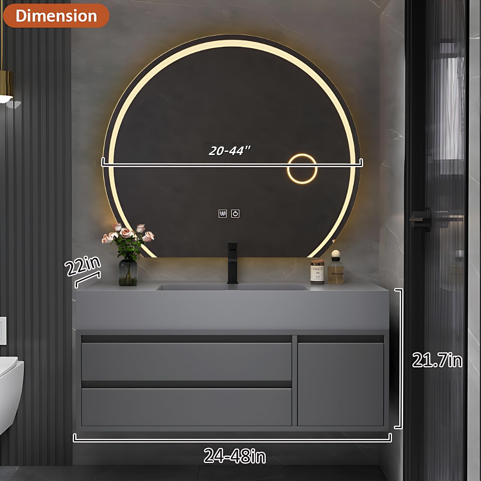 Set da bagno con lavandino e specchio a LED, armadietto in legno massiccio da 91,4 cm, 2 ante, funzione di smorzamento e ingrandimento per riporre oggetti eleganti e decorazioni moderne