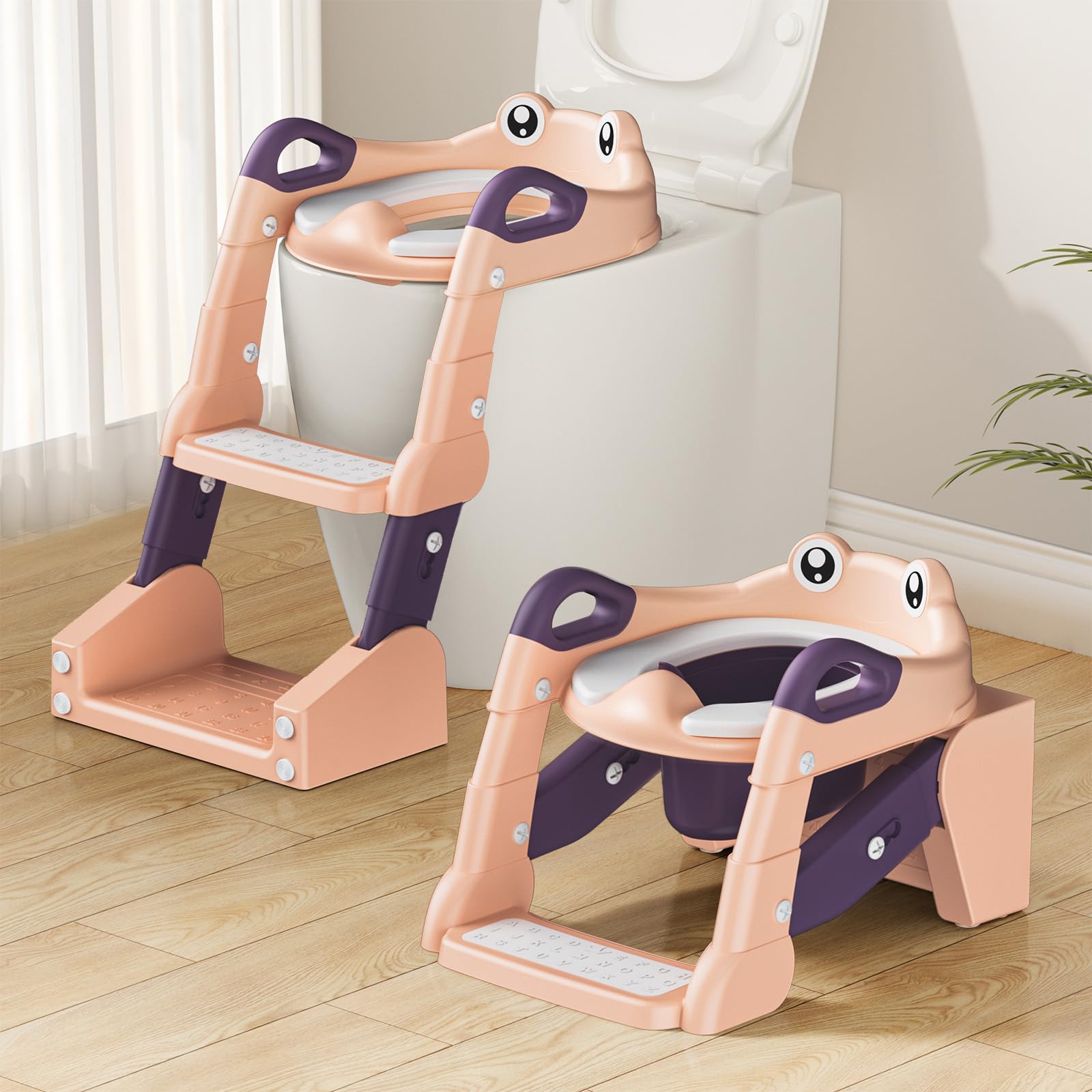 2 IN 1 Toilettensitz Kinder, Toilettensitz Kinder mit Treppe für Jungen Mädchen Baby, Upgraded 2-in-1 WC Sitz mit Treppe mit Urinal und Spritzschutz (Pink)