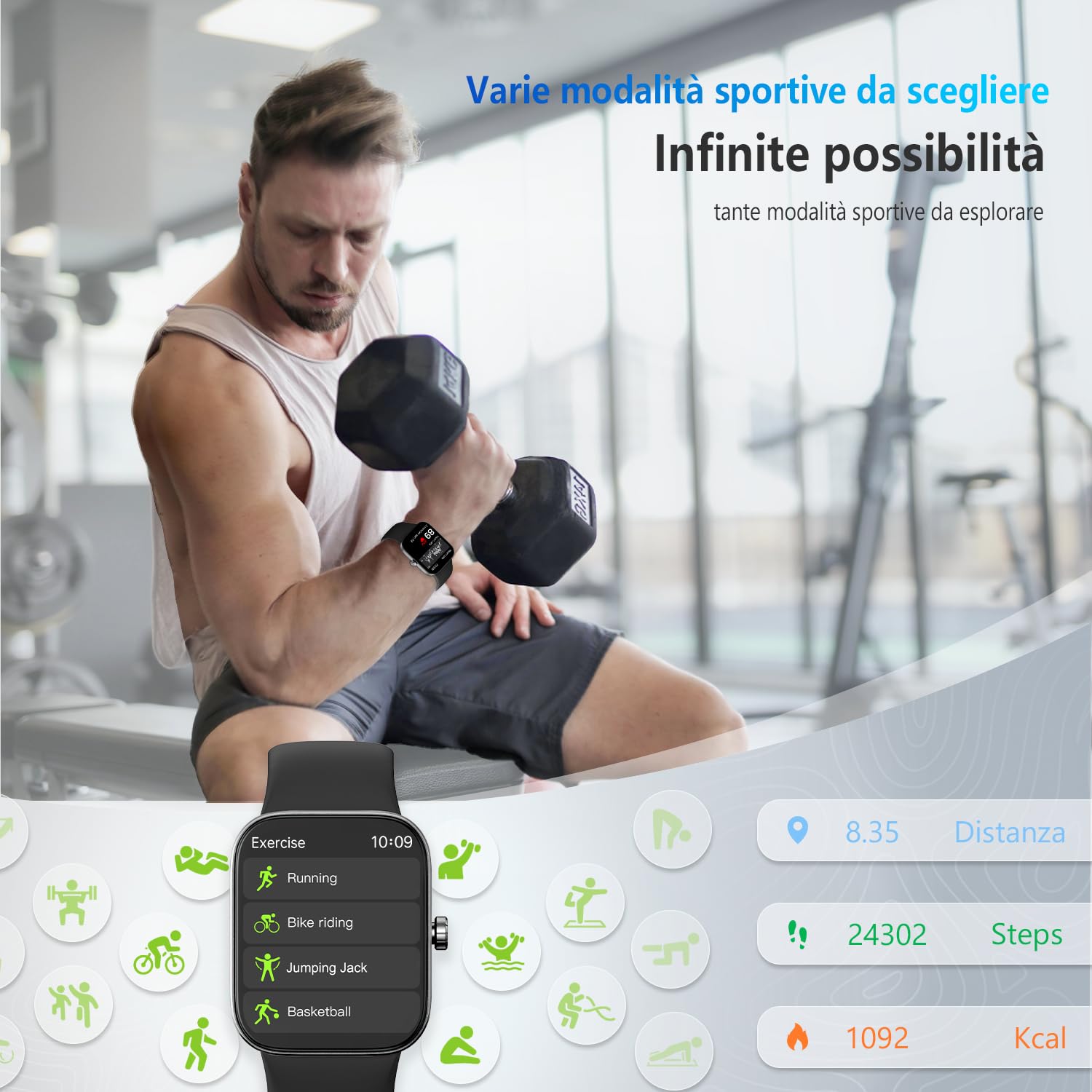 ASWEE Smartwatch, 1.85'' Schermo Orologio Smartwatch Uomo Donna con Chiamata e Risposta Vivavoce, Smart Watch con Contapassi, Cardiofrequenzimetro da Polso, 200+ modalità Sportive per Android iOS