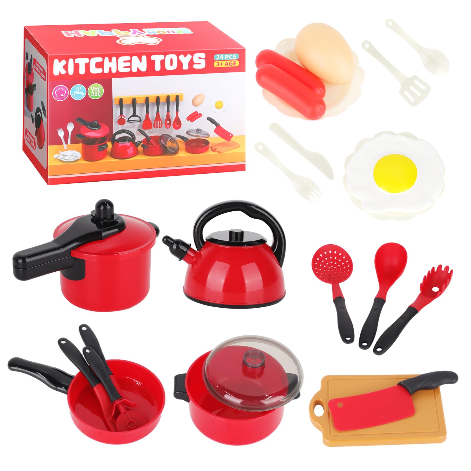 24 PCS Juguetes de Cocina para Niños - Juego de Ollas, Sartenes y Utensilios con Alimentos Cortables, Juguete Educativo Montessori para Niños/Niñas 3-8 Años, Ideal para Exteriores y Juego de rol (24)
