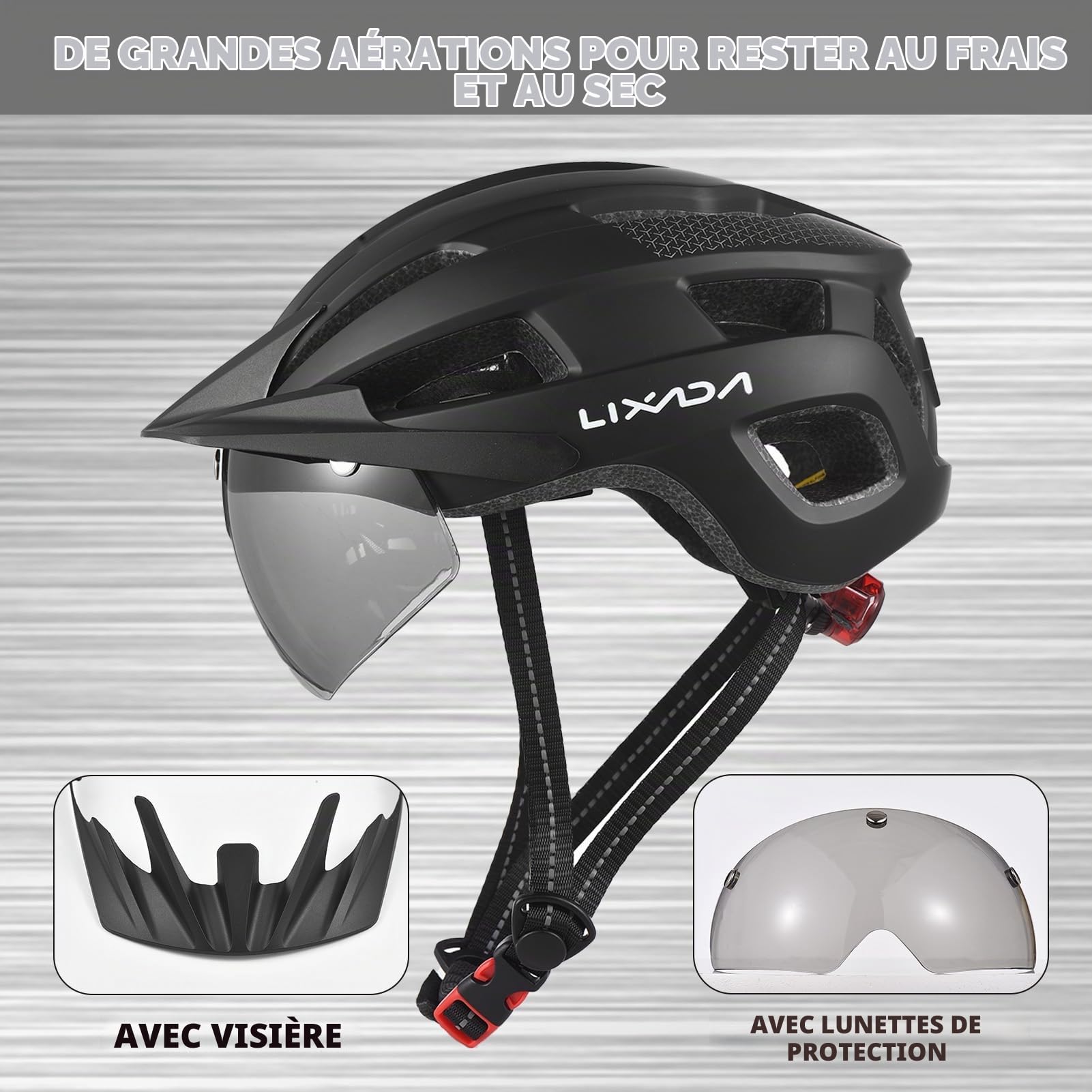 Lixada Casque de vélo,Casque Vélo VTT,Unisexe Casque avec Pare-Brise et Pare-Soleil, feu arrière Rechargeable, Casque de vélo réglable pour la sécurité et la Protection