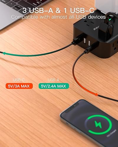 Miniatura 3 de Cable de extensión de 10 pies, regleta de alimentación de enchufe plano con 8 salidas anchas, 4 puertos USB, extensor de salida de 3 lados, montado,