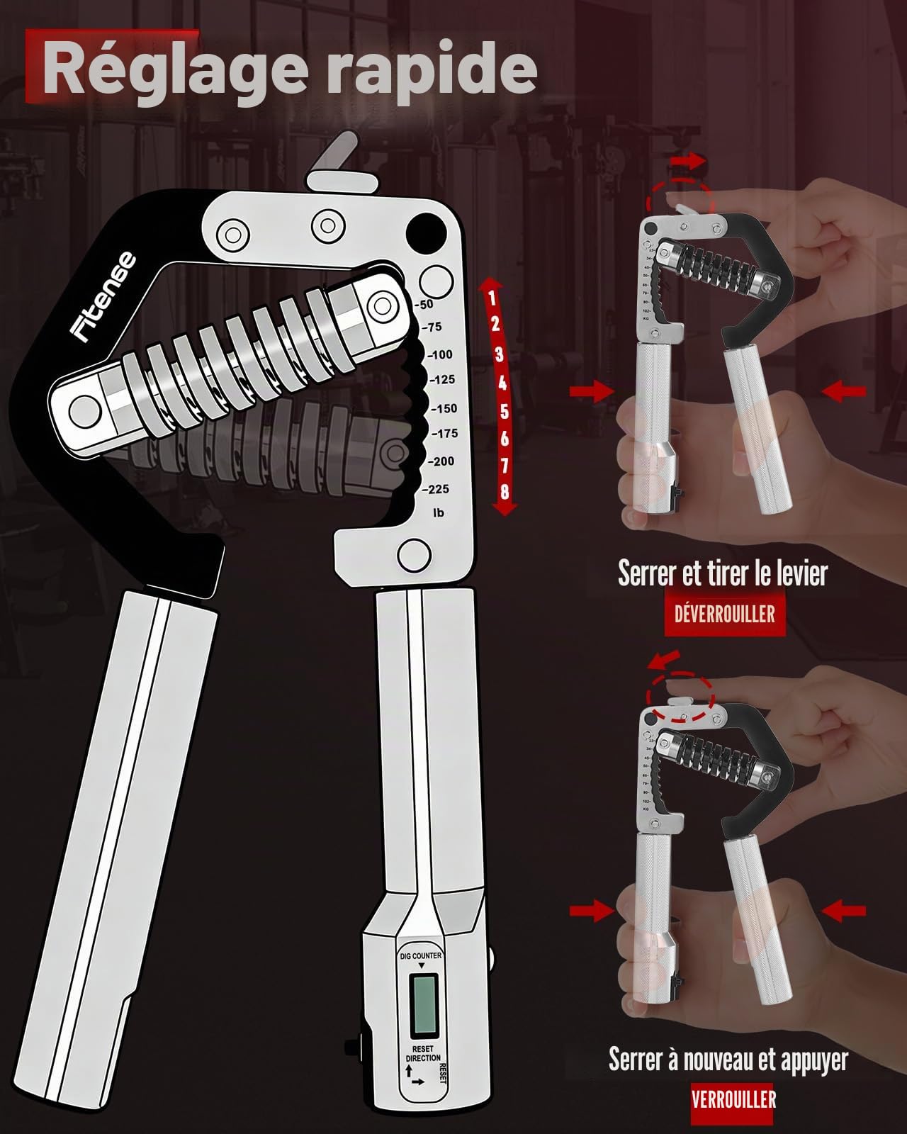 Fitense Appareil de Musculation Mains et Doigts, Renforceur de Force de Préhension Réglable (50-225lb/22-102kg), Entraîneur Avant-Bras et Poignets, Poignées Réglables pour Développer Force et Muscles