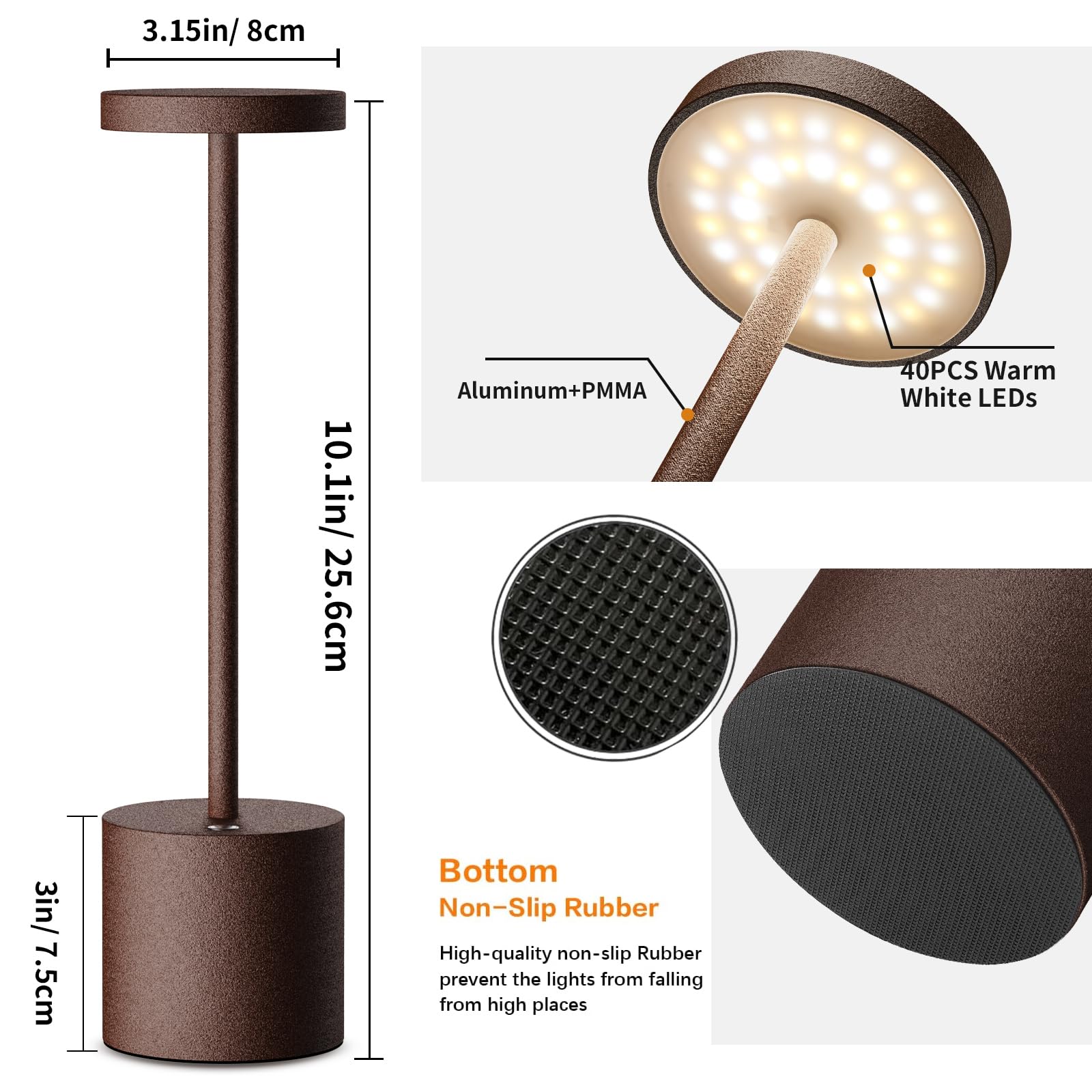 Lámpara de Mesa Inalámbrica, Batería Recargable de 5000 mAh, Lámpara de Mesilla de Noche de Metal, para Salón Dormitorio Oficina Estudio (Corten)