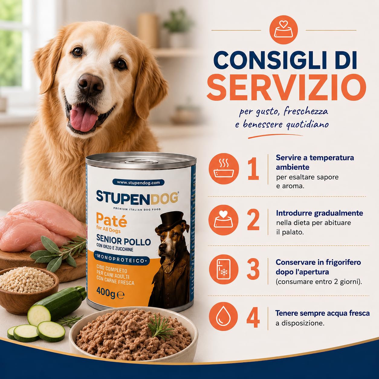 STUPENDOG Pâté senior au poulet avec orge et courgettes – 94% poulet frais, avec glucosamine et chondroïtine – Nourriture humide naturelle pour chiens âgés, sans conservateurs (12x400g)