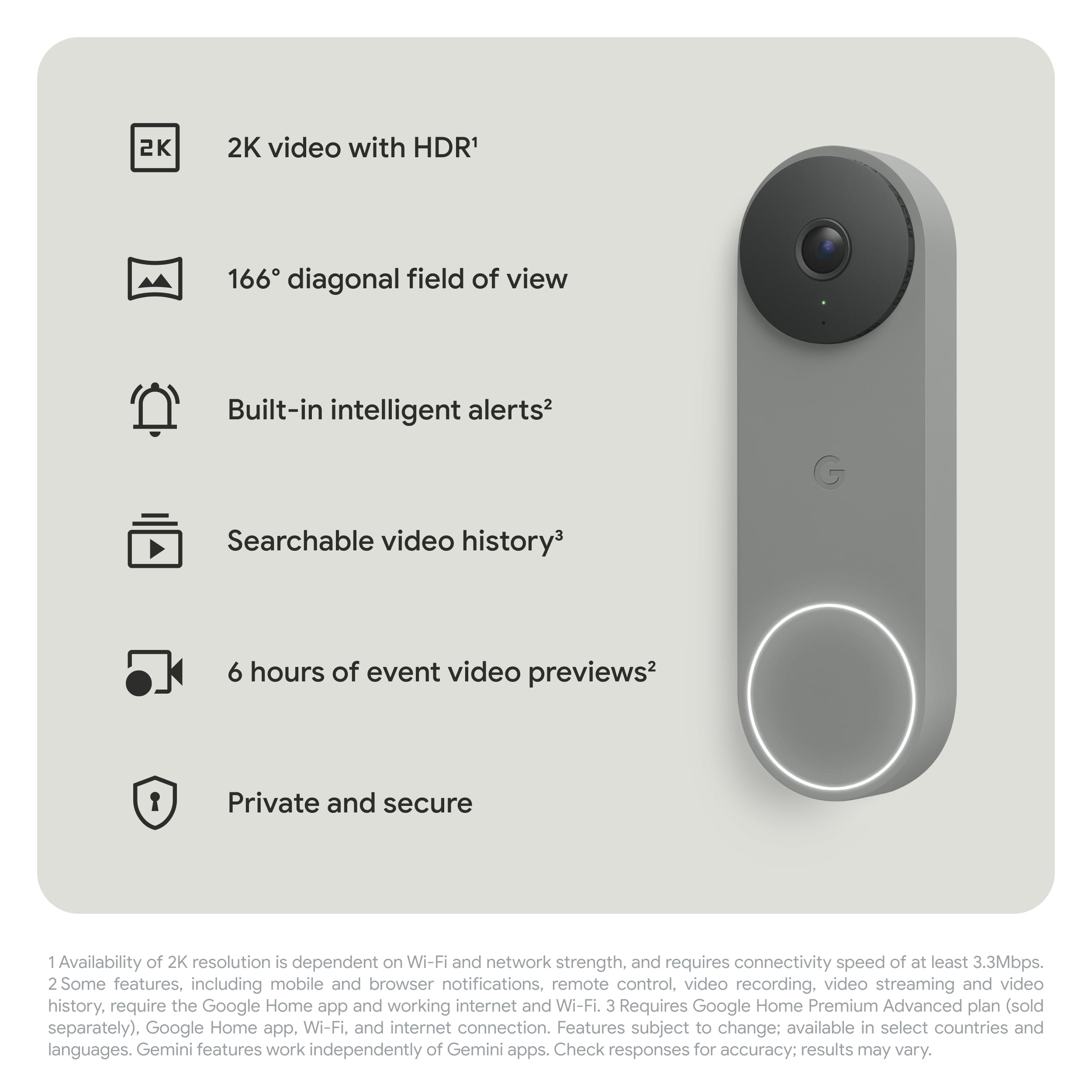 Google Nest Doorbell (Wired, 3rd Gen) - 2K Video and Gemini, Live View, Night Vision, 2-Way Audio - Works with Google Home - 2025 Model - Hazel