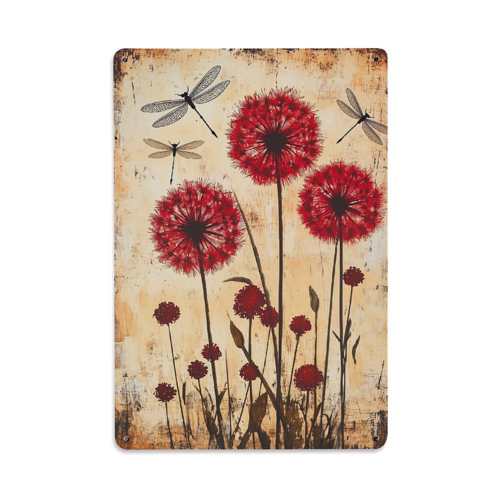 Jdfenggu Vintage Red Dandelions Dragonflies Background Retro Metal Tin Sign, Decor Art Poster For Bar, Home, Man Cave, Kitchen, Laundry Room Gift 8X12inch