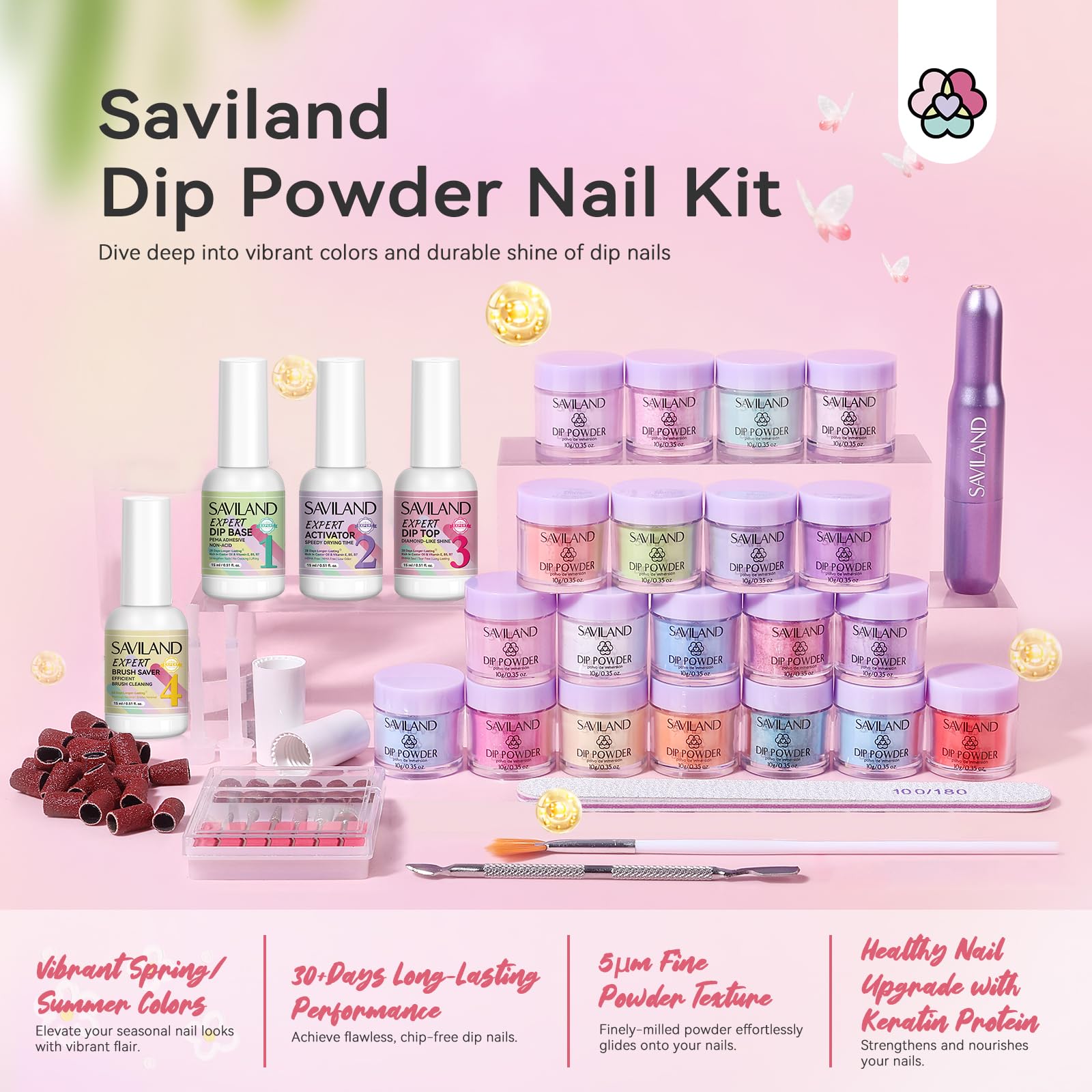 SAVILAND Smalto in Polvere Kit con Fresa per Unghie: 20 Colori Smalto in Polvere ad Immersione per Unghie Dip Liquido per Manicure Nail Art, Lunga Durata per 28 Giorni, Regalo per Donne Ragazze