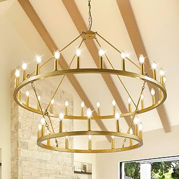 47 Inch Gold Wagon Wheel Chandelier, 2 Tier 36-Lights