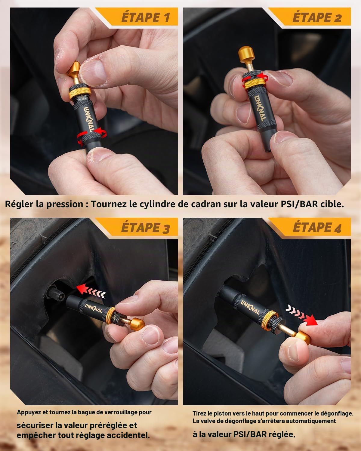 LINKNAL Kit de Valve de dégonflage de Pneu réglable (10–30 psi/0,7–2 Bar), 4 Outils à Visser pour Tout-Terrain, 4x4, Jeep, Camion, SUV – avec Sac de Rangement et 5 Bouchons de Valve
