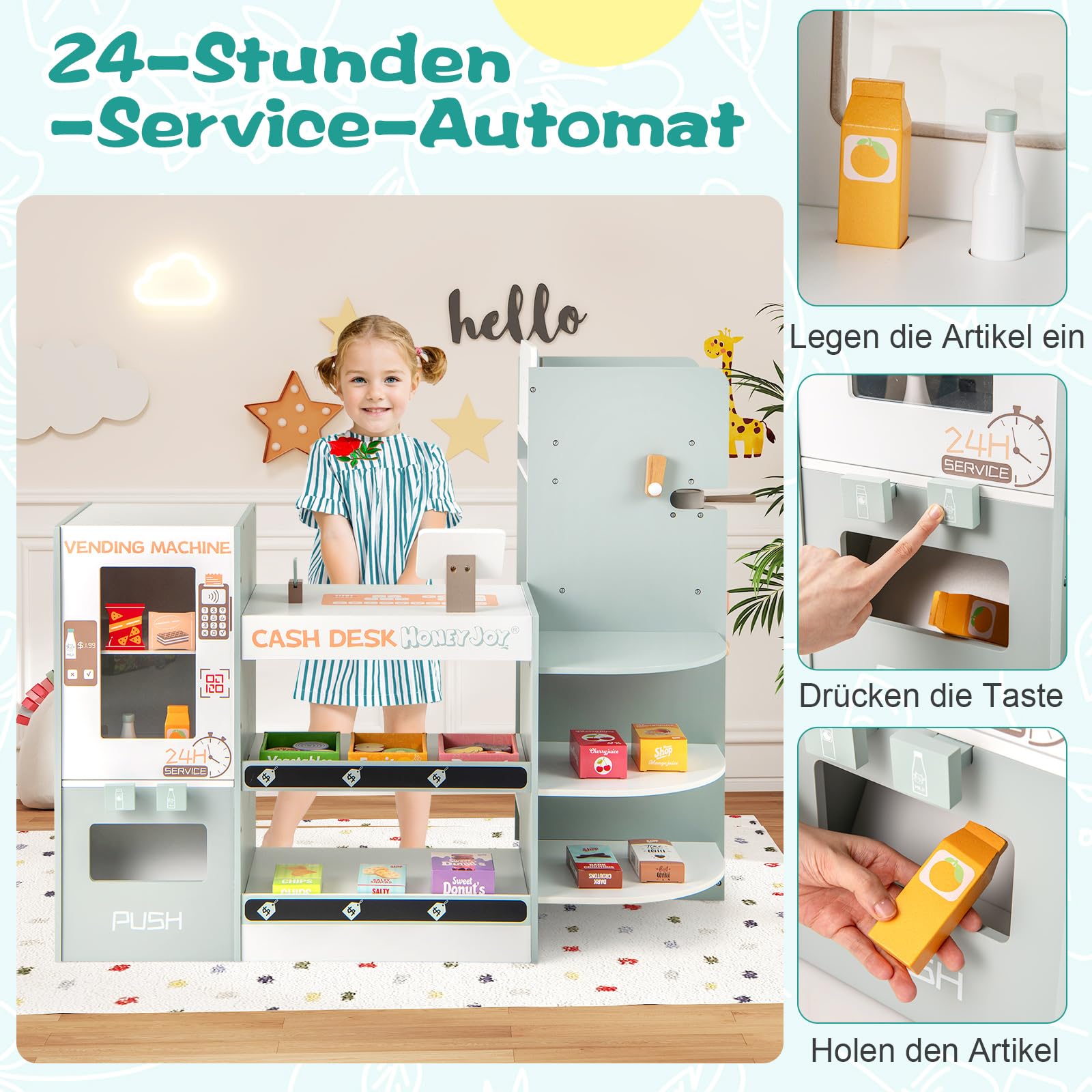 COSTWAY Kaufladen Kinder, Kaufmannsladen Holz inkl. Zubehör (Grün) | Supermarkt mit Verkaufsautomat, Kasse, Kaffeemaschine & Ofen, Verkaufsstand Theken, Einkaufsladen für Kinder ab 3 Jahren