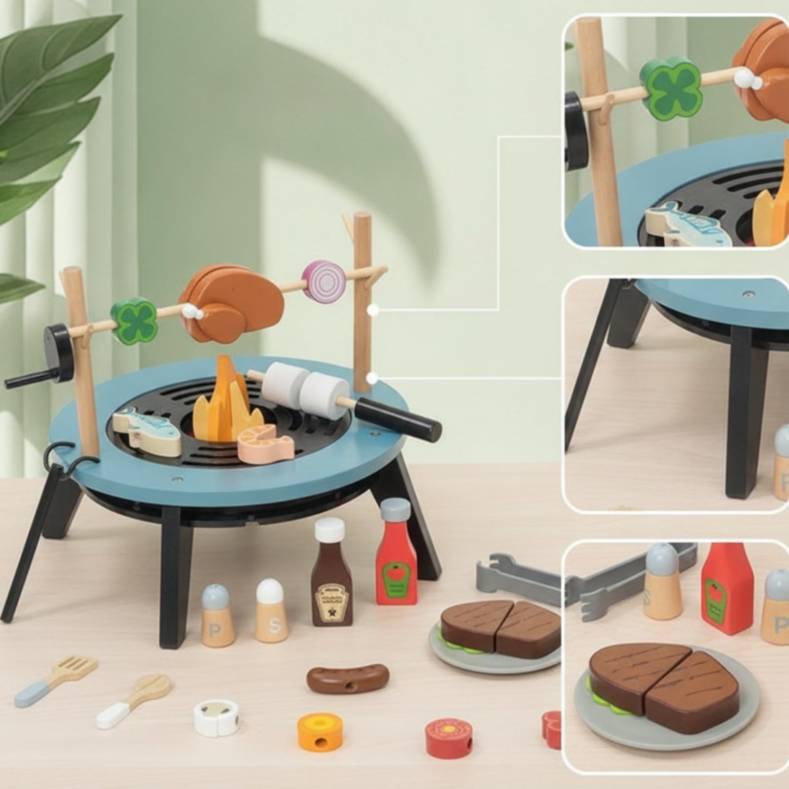 Griglia Giocattolo in Legno Realistico Barbecue Giocattolo Creativo Gioco di Ruolo per Bambini, Genitori Papà, Cameretta, Area Giochi, Asilo Nido