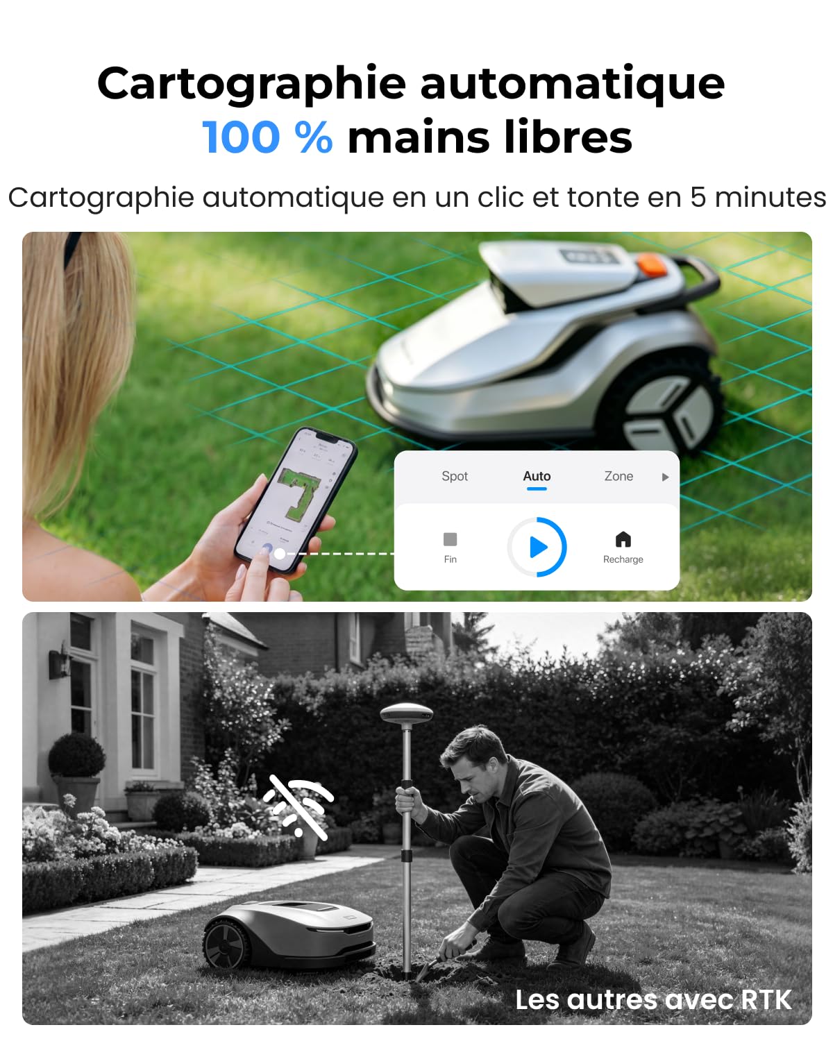 TerraMow V600 Robot Tondeuse avec Garage, Technologie Tri-AI Vision, sans Fil Périphérique ni RTK, Cartographie Automatique, jusqu'à 600㎡, Navigation Visuelle, Évitement d'Obstacles IA