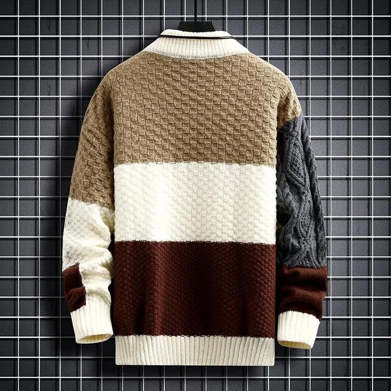 Men Warm Knitted Sweaters Patchwork O-Neck Casual Pullover Top3