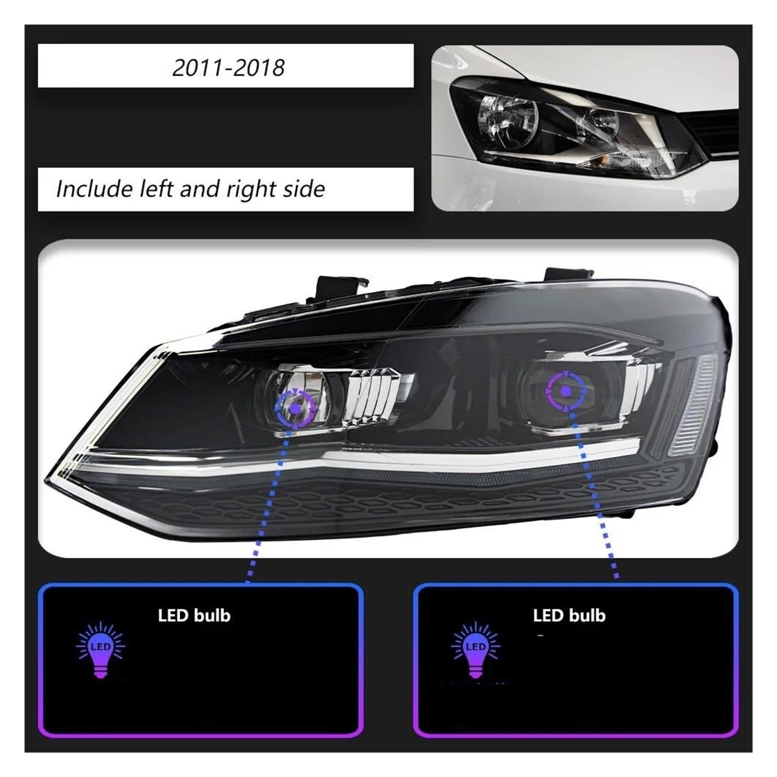 JCMLDN Headlights For TSI Silver LED For VW For Polo Headlights