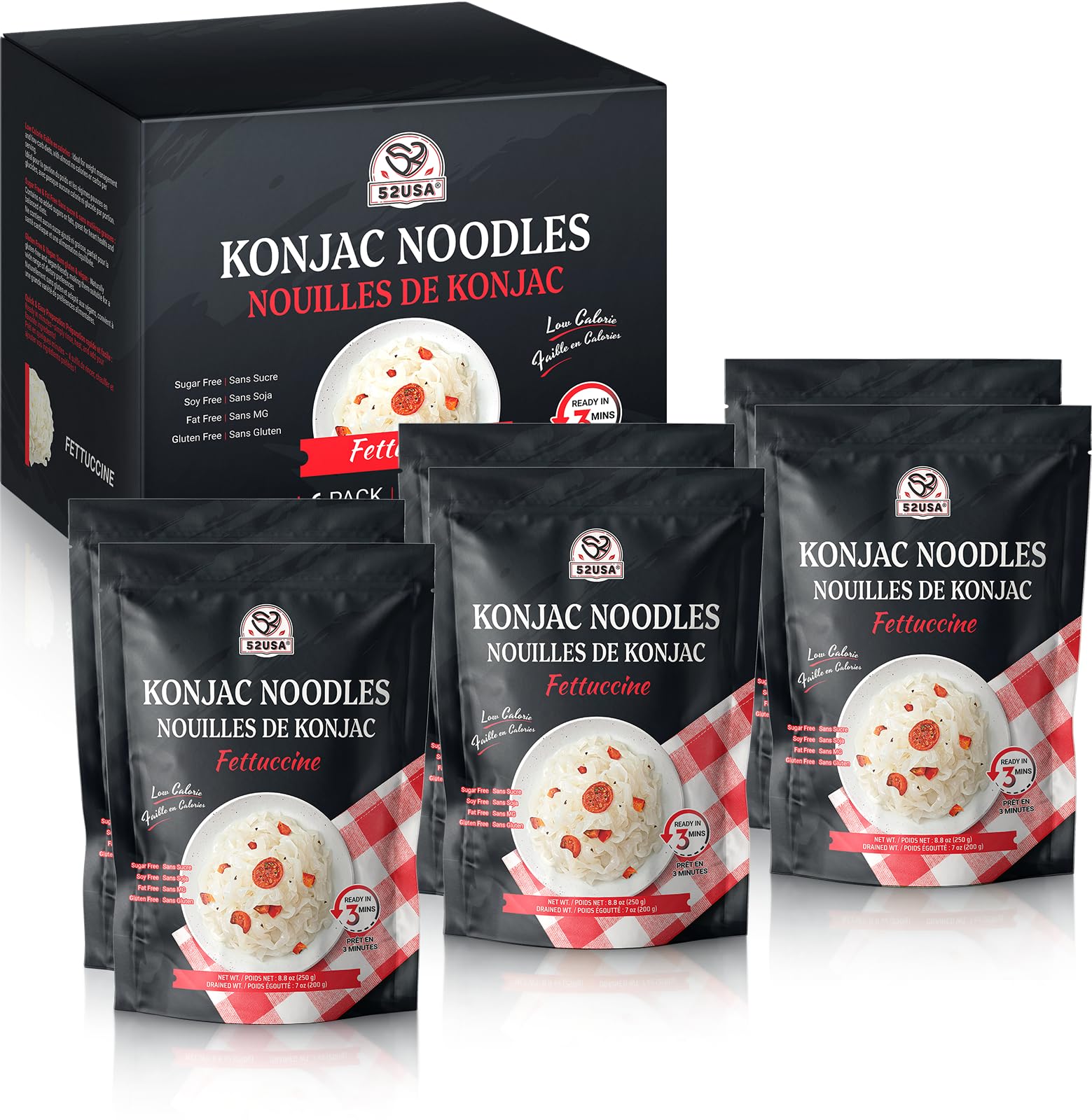 52USA Konjac Noodle, Regular, Fettuccine, Low-Calorie, Low-Carb, Keto-Friendly, Gluten-Free, Healthy Pasta Alternative, (6 Pack)
