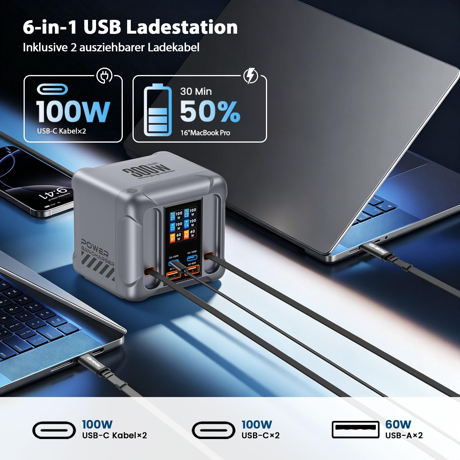 Caricatore USB C 6 in 1 e 300 W, display LCD, stazione di ricarica GaN ultra veloce (2 cavi + 2C + 2 A) Max PD100W/QC60W, caricatore multiplo USB, compatibile con iPhone 17/16/15, iPad, Android e