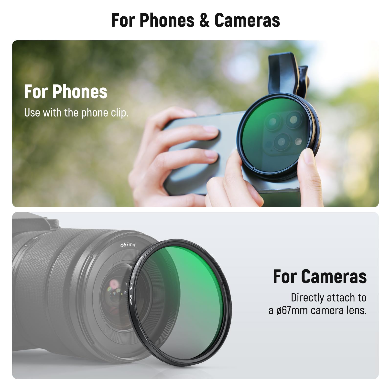 NEEWER 67mm Filtro CPL con Clip Compatibile con iPhone, Filtro Polarizzatore Circolare per Obiettivo Telefono, Accessori Fotografia Compatibile con iPhone 17 16 15 Pro Max Plus 16e 14 13 mini, FL-B23