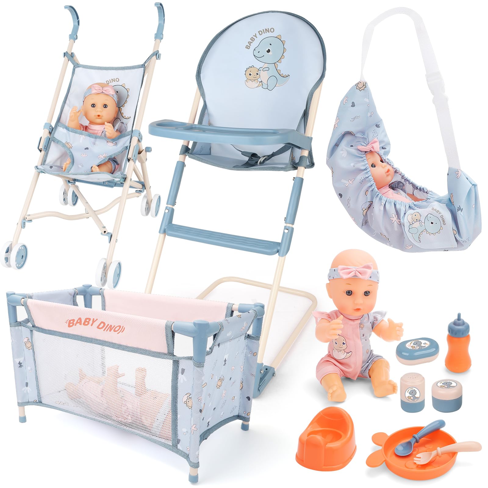 deAO Set de Accesorios para Muñecas - con 30CM Muñeca, Cochecitos Plegable, Tronas, Cunas, Bolsa para Guardar, Vajilla - Juguetes para Juegos de rol, Regalo Ideal para Niñas a Partir de 3 Años