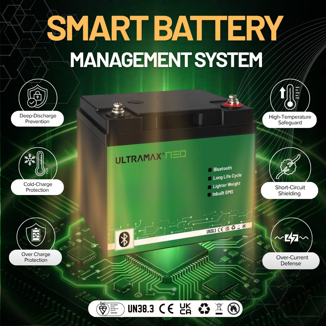 ULTRAMAX Neo LiFePO4 Batterie au lithium 12,8 V 20 Ah | Plus de 10 000 cycles | Batterie rechargeable légère à cycle profond avec BMS intelligent | UPS, alarme, marine, LED et applications autoportées