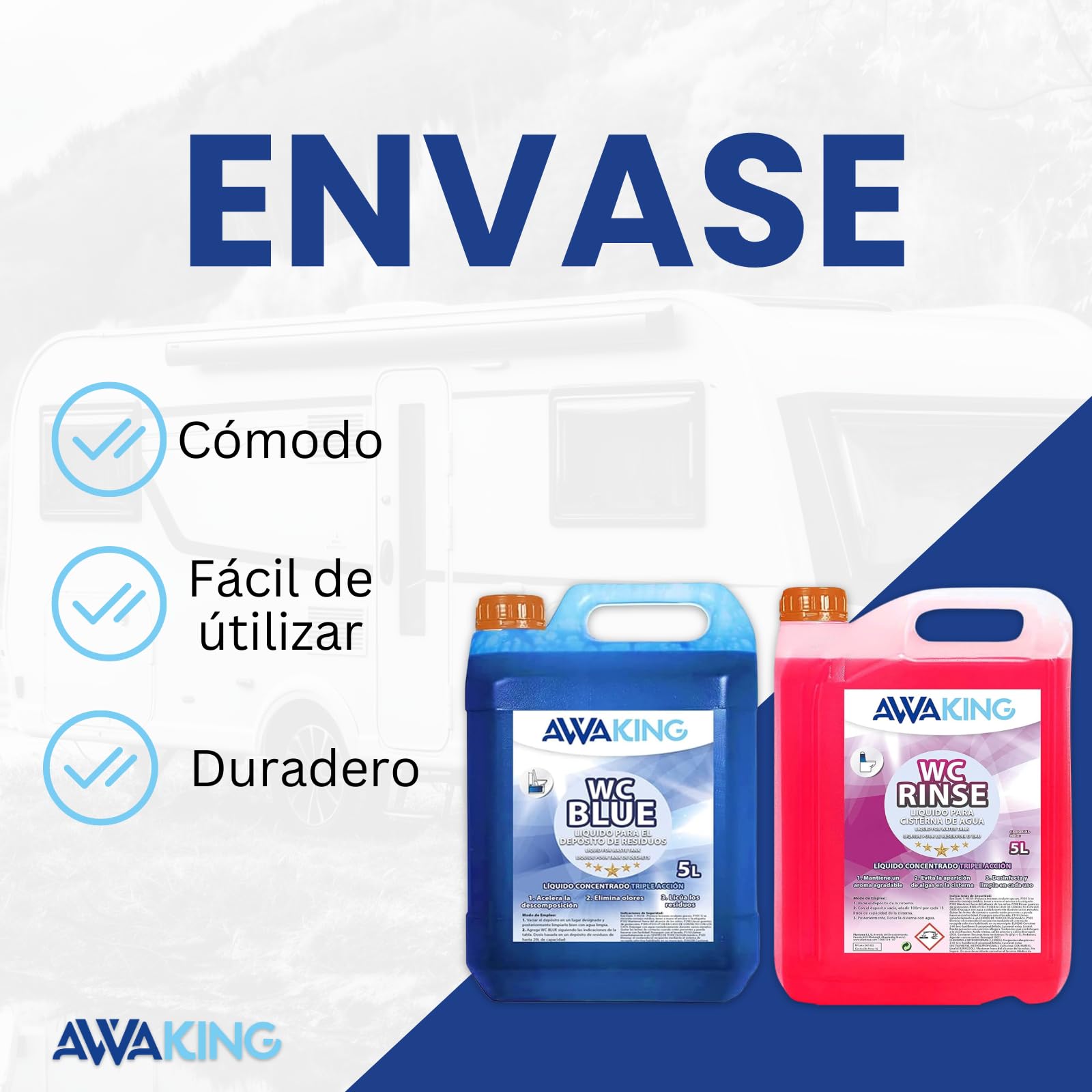 Liquido WC Quimico Caravana WC Blue 5L + Rinse 5L,Liquido Autocaravanas Aditivo Aguas Negras + Concentrado Taza WC Cisterna,Caravanas,Depósito Residuos Autocaravanas,Sanitary Fluid,Líquido Potty