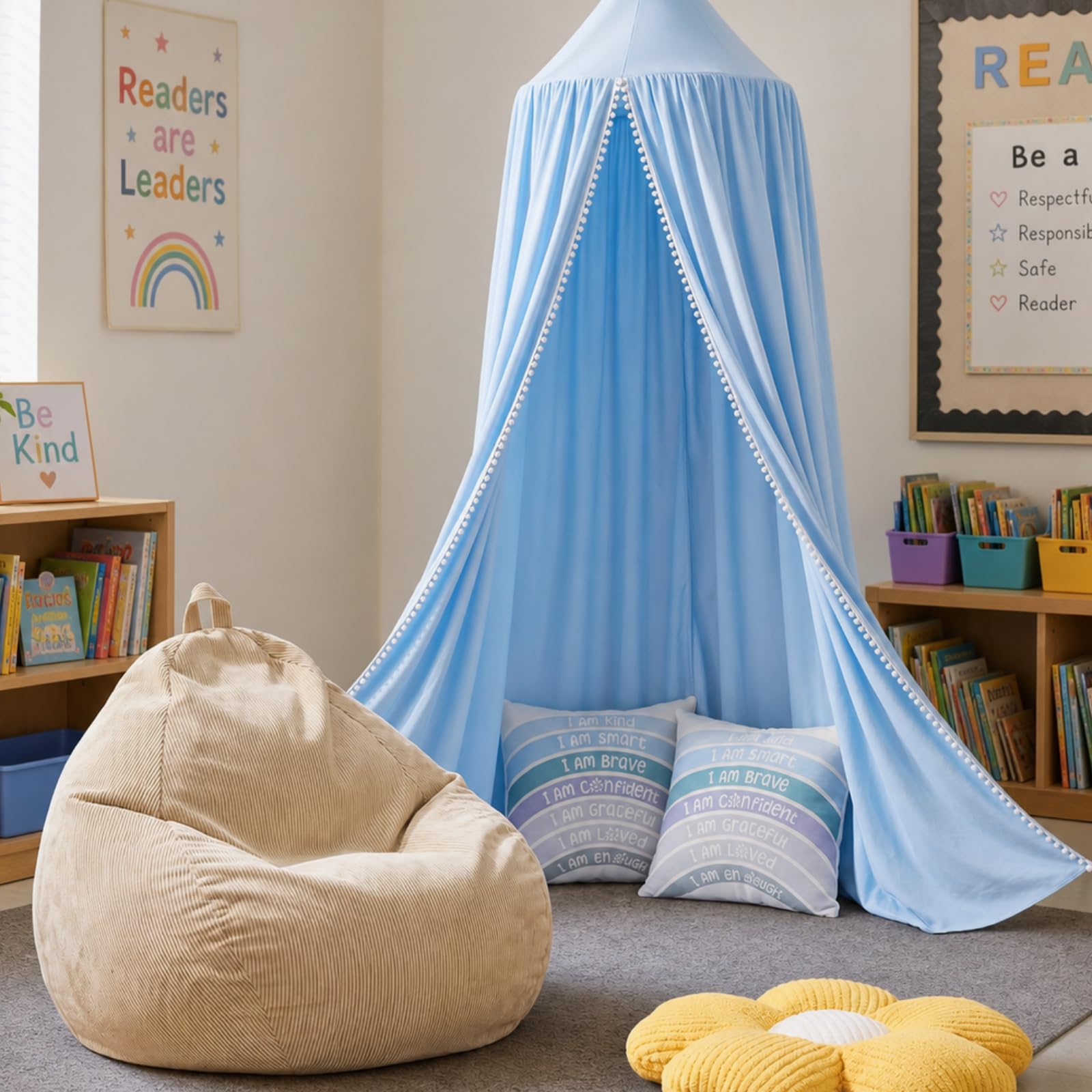 Kids Reading Nook Set with Canopy Tent, Bean Bag Cover &amp; Pillow,Blue