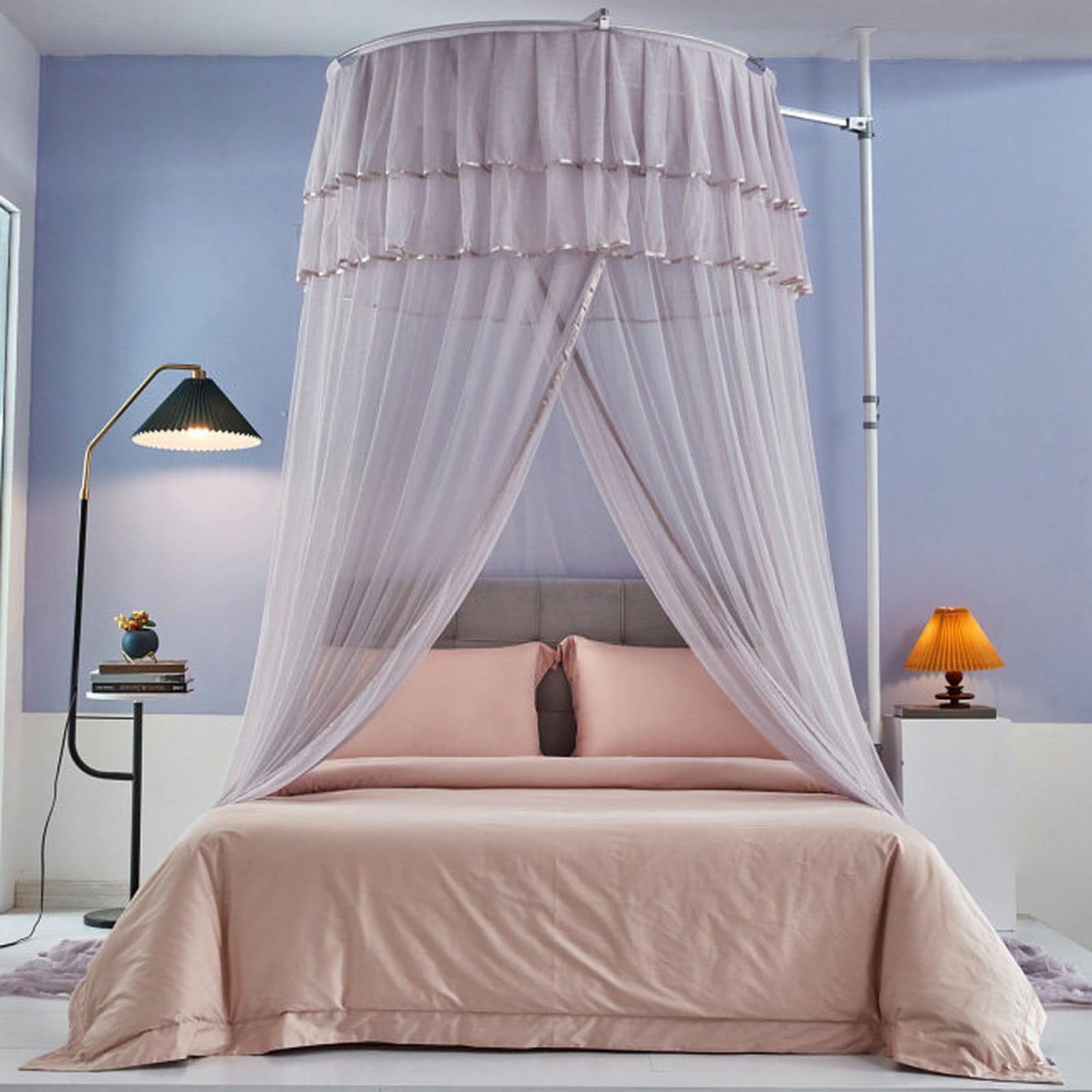 MESCXTY Bed Canopy Princess for Girls & Adults, Sheer Mesh Round Dome Curtain Mosquito Netting Twin Full Queen King Bed, Gray1