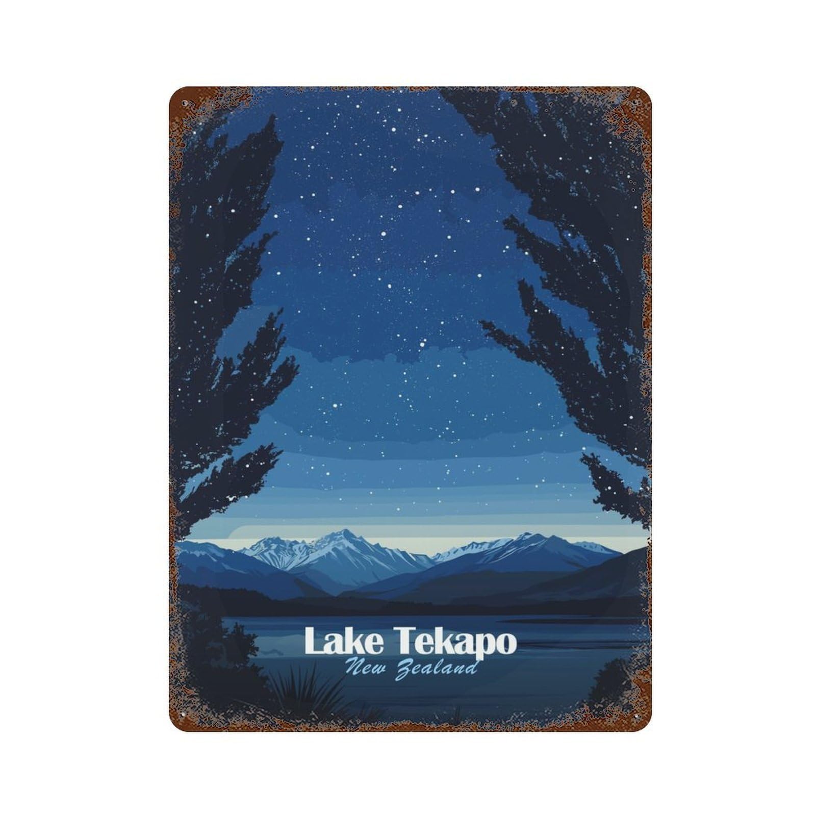 Rust Effect Lake Tekapo Night Sky Aged Metal Wall Plaque 15.7"x11.8", Rustic Home Decor for Bistro, Counter And Cafe Decor