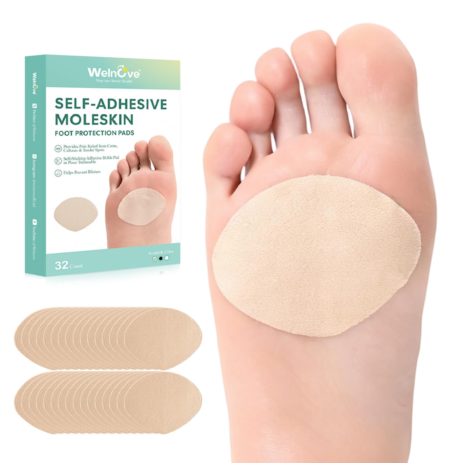 Welnove Moleskin Adhesive Pads for Feet, Blister Bandages for Feet, Sector-Shaped Design for Ball of Foot,Mole Skin Patch for Blister,Callus,Bunion Prevention, 32 Sheets, Beige