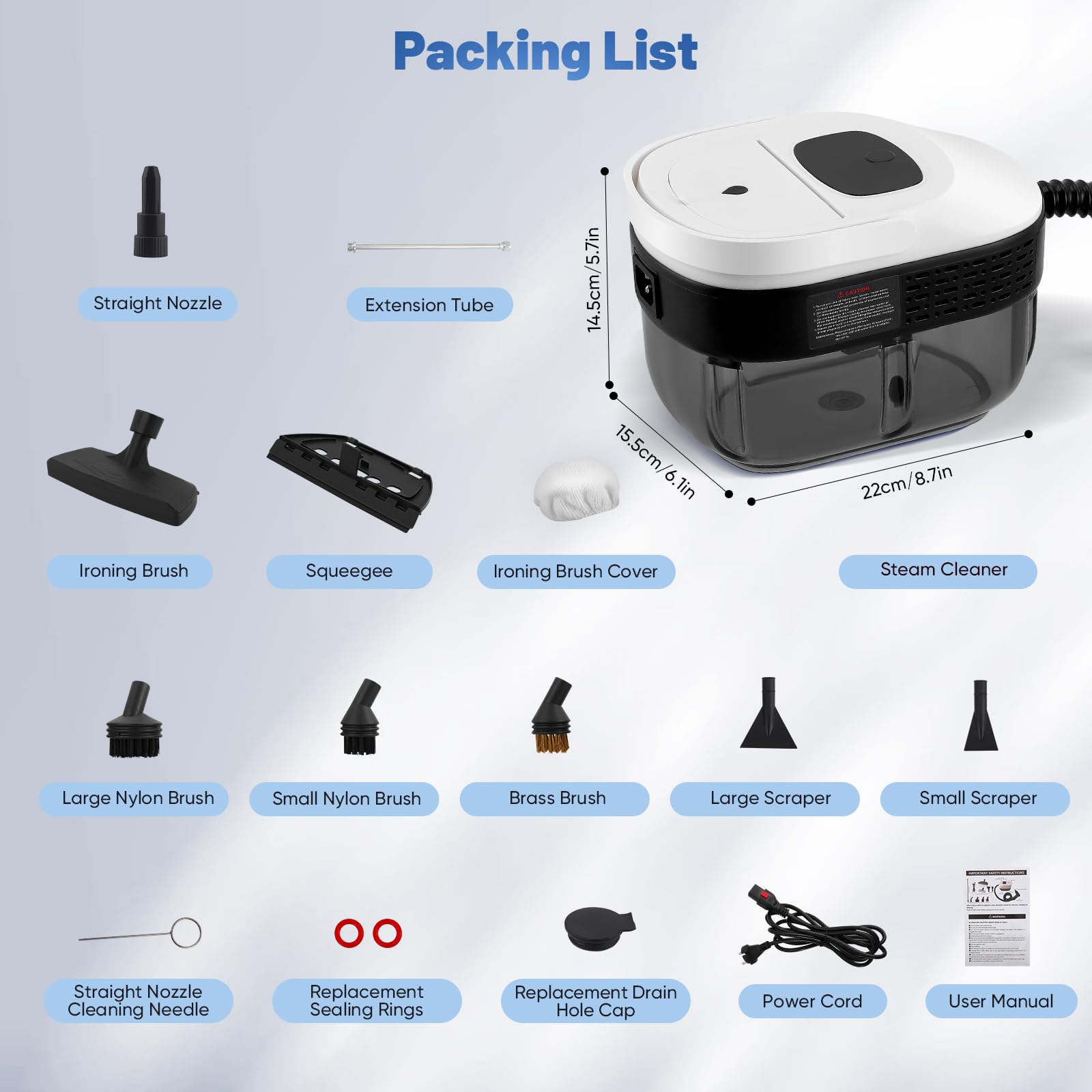Limpiador a Vapor de Mano 2500 W, 3 Barras, 6 Cepillos, 1600 ml, Velocidad Regulable