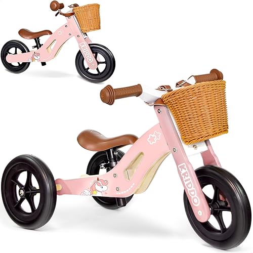 KRIDDO Triciclo y bicicleta de equilibrio de madera 2 en 1 para niños de 1 a 4 años, triciclo sin pedales y bicicleta de equilibrio para niños