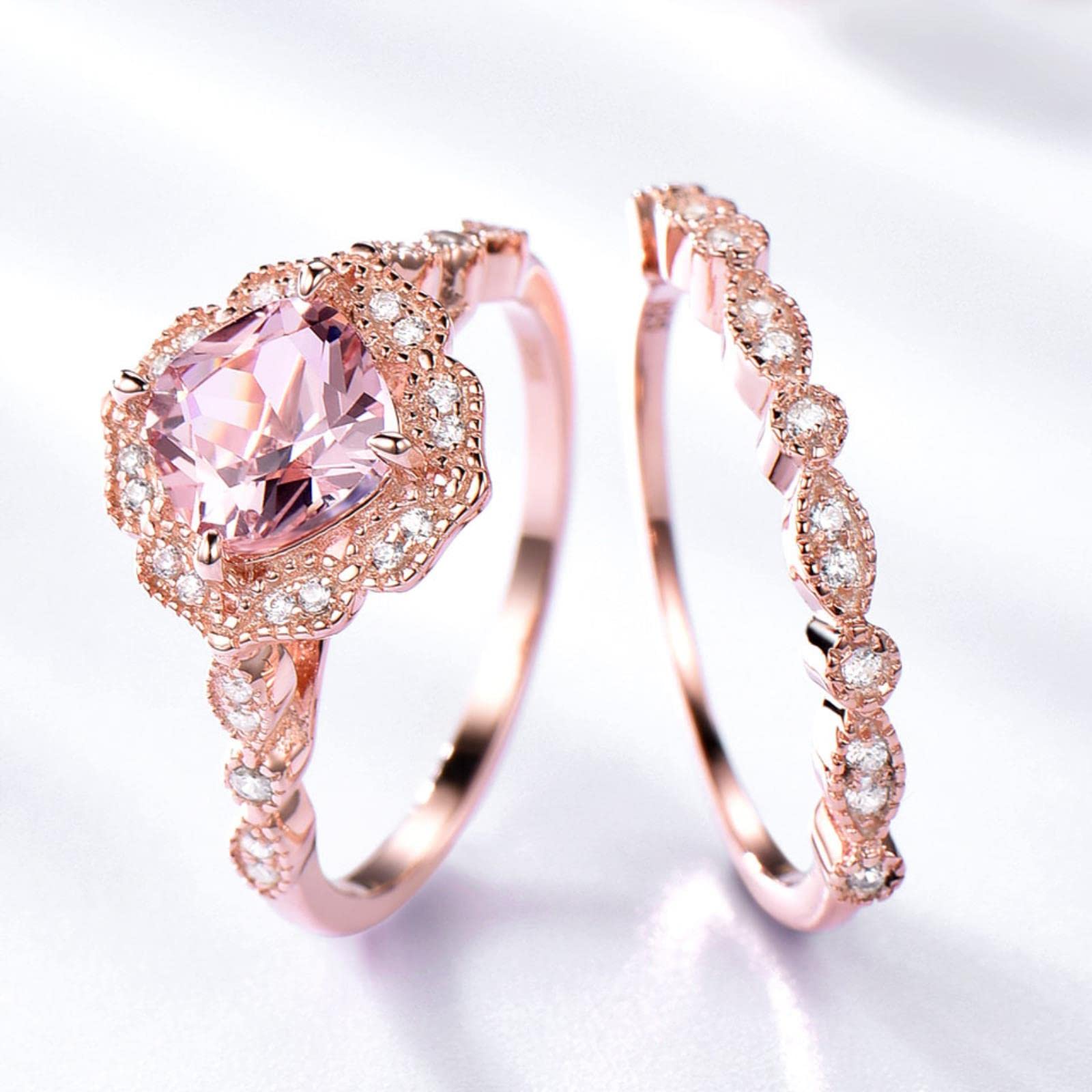 2 Unids/Set Creado Nano Morganite 925 Anillos De Plata Esterlina Encanto Flor Anillos Dobles para Mujeres Joyería Fina