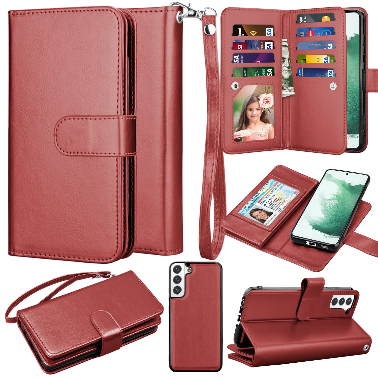 Takfox Wallet Case for Samsung Galaxy S22 Plus, Galaxy S22 Plus Case, PU Leather Credit Card Holder Phone Case [9 Card Slots] Folio Flip Detachable Magnetic Cover Kickstand & Carrying Strap-Wine Red