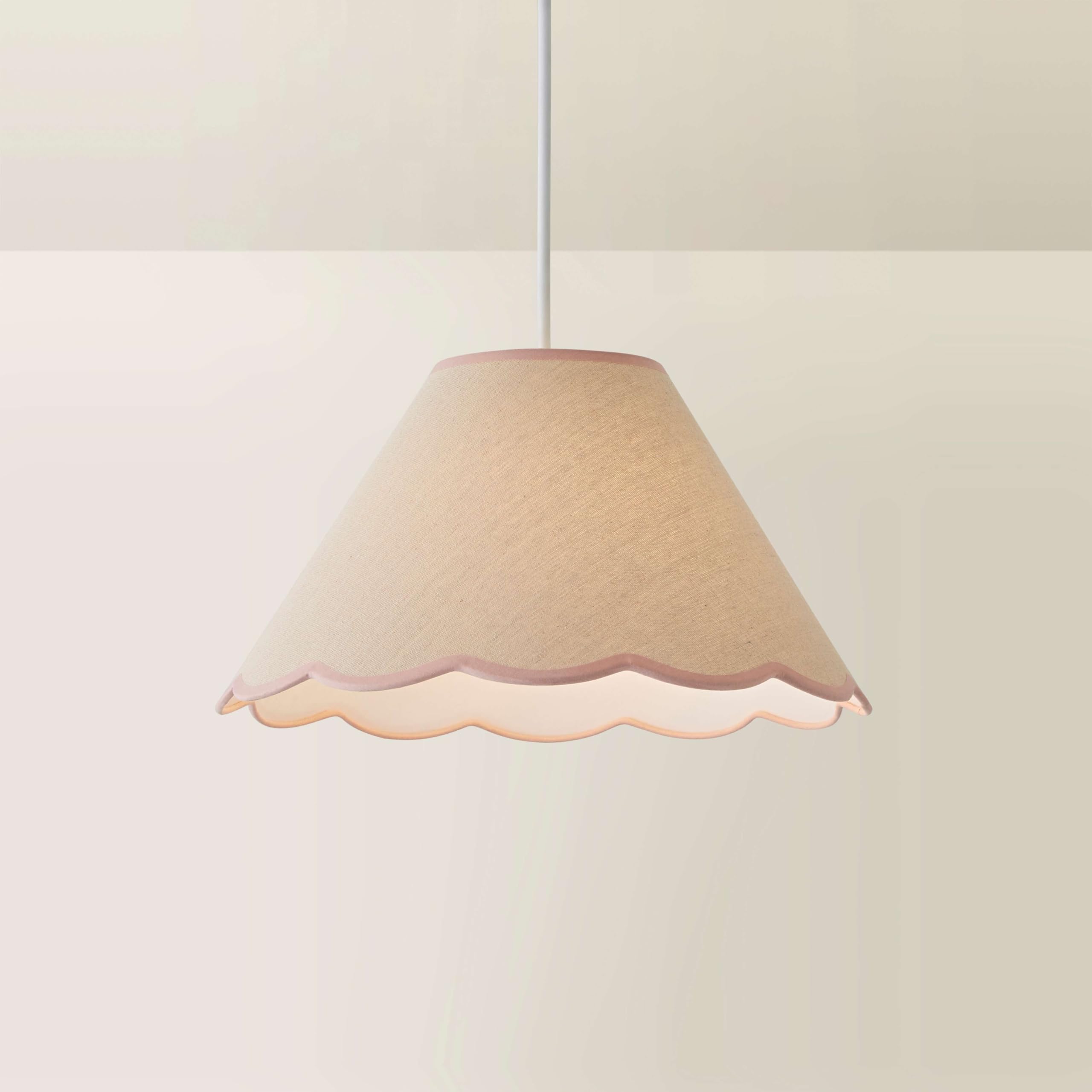 ValueLights | Large Easy Fit Natural Linen Tapered Light Shade with Pink Scallop Trim | Lamp Shades, Home Décor & Improvement Essential | 410mm Shade Width