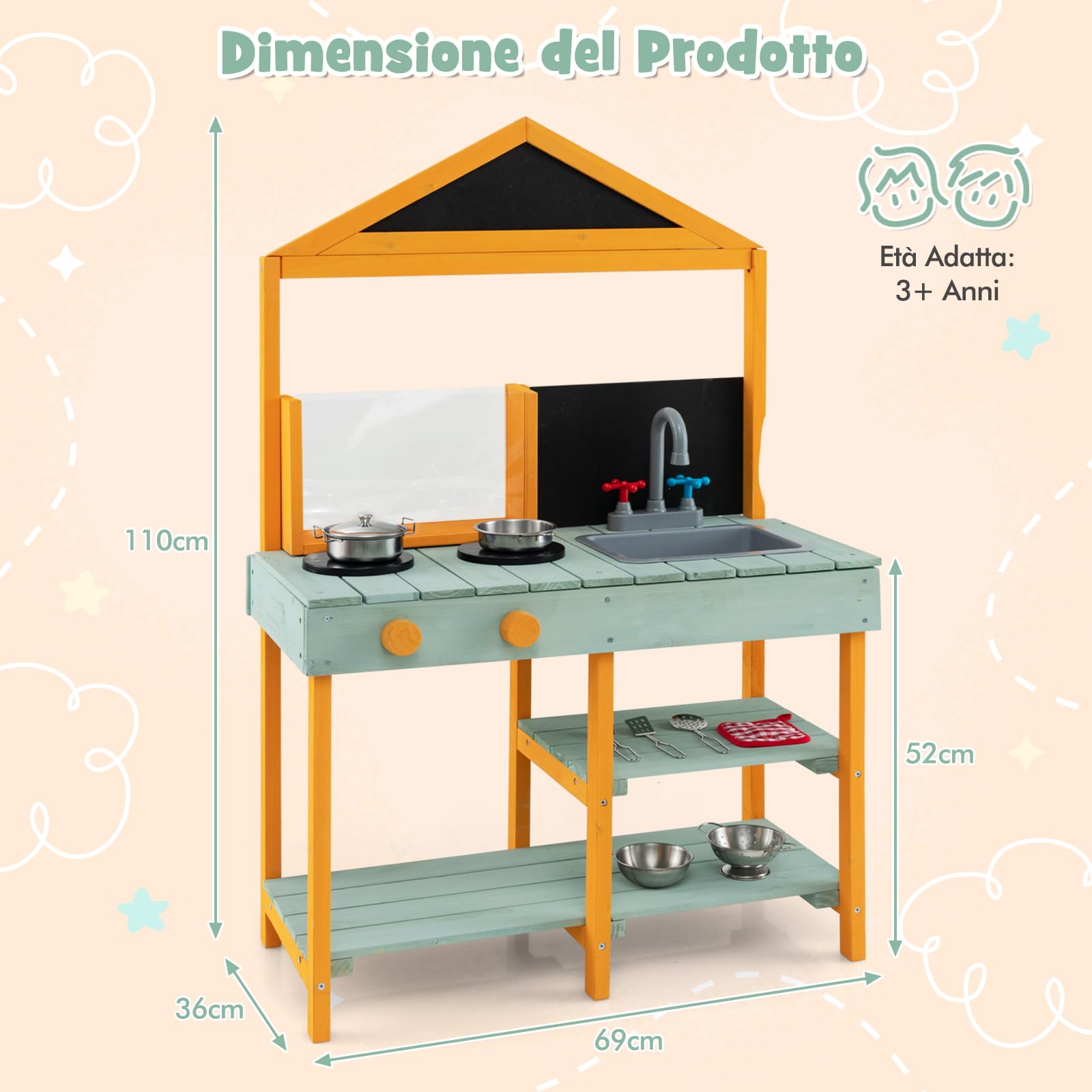 RELAX4LIFE Cucina Giocattolo da Esterno per Bambini, Set da Cucina in Legno con Fornello, Lavagna, Rubinetto, Fioriera Trasparente, Regalo Perfetto per Bambini dai 3 ai 7 Anni (Verde)