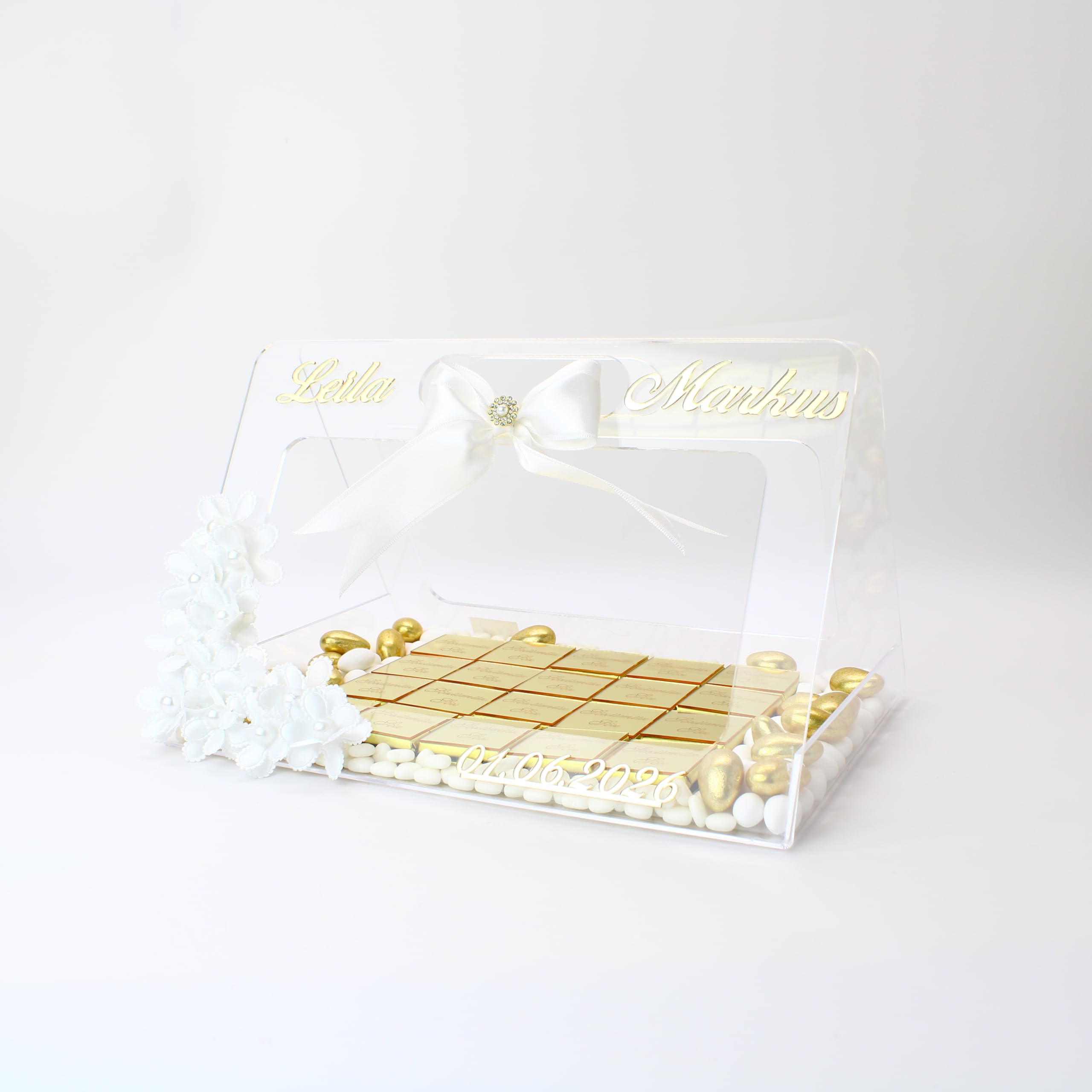 Personalisierte Schokolade-Tasche - Plexiglas Geschenk mit Gravur - 20/40 Stück - Verlobung, Hochzeit & Events - Halal Pralinen & Süßigkeiten