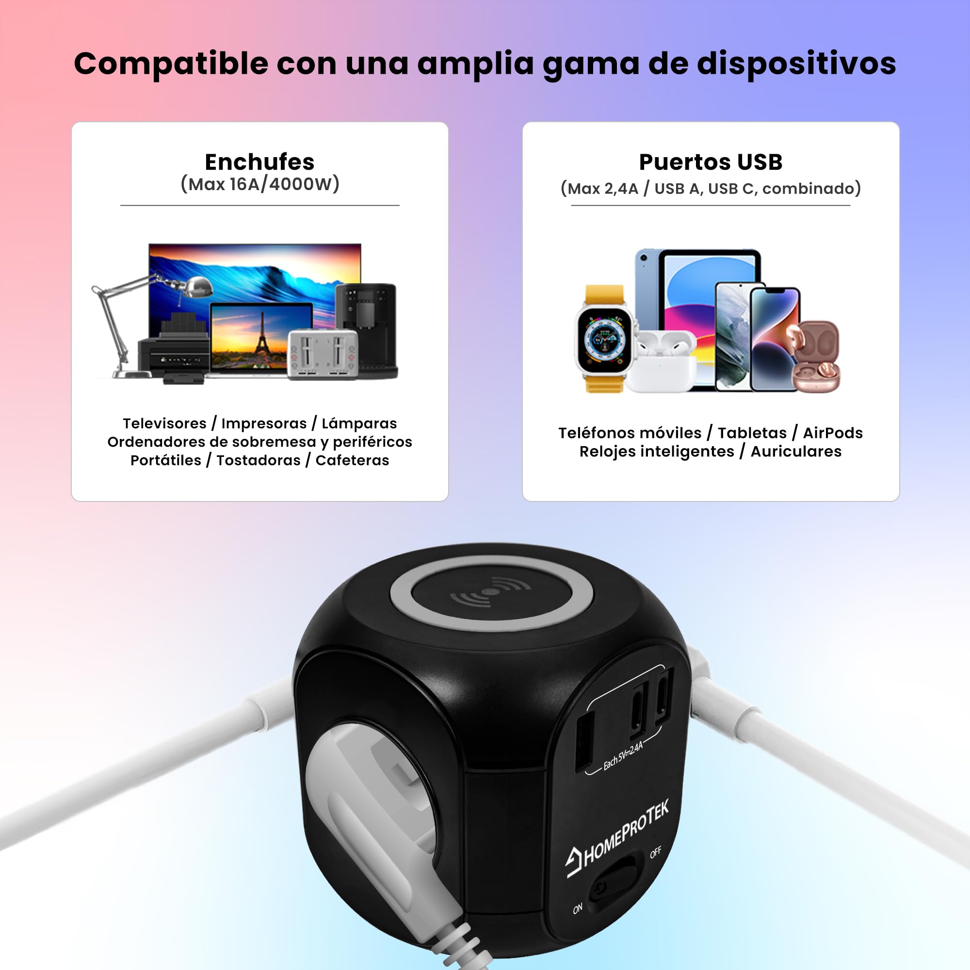 HOMEPROTEK Cubo Regleta USB - Regletas Enchufes con Cargador Inalámbrico - Ladron Enchufes con 3 AC, 2 Puertos USBC y 1 USBA - Enchufe Multiple Práctico y Compacto para Uso Diario - Negro