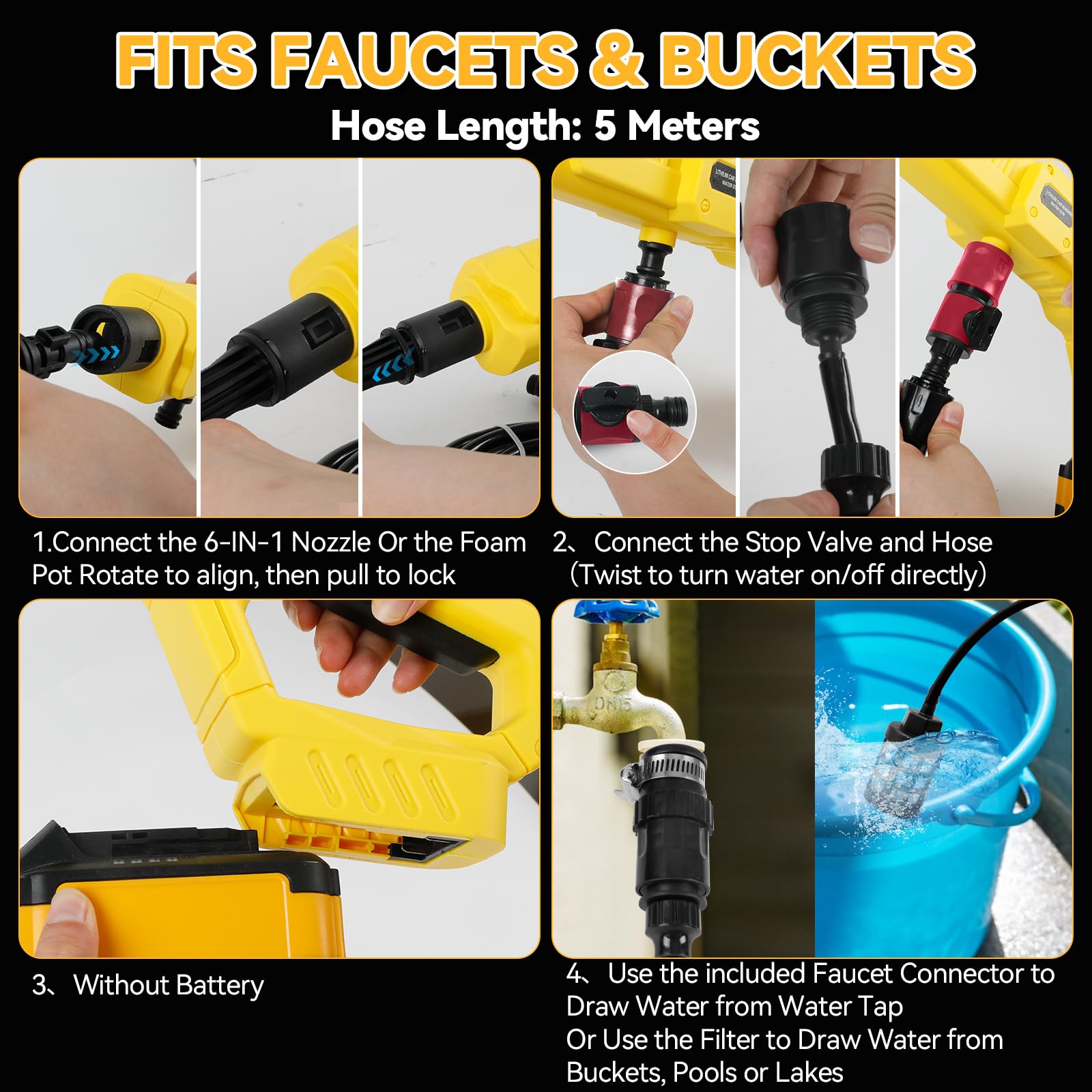 Nettoyeur Haute Pression sans Fil pour Batterie Dewalt 20 V, 21 000 TR/Min, 1000 psi, Nettoyeur Haute Pression Portable avec buse 6 en 1 et Pot en Mousse pour Nettoyage de Voiture, clôture, Sol