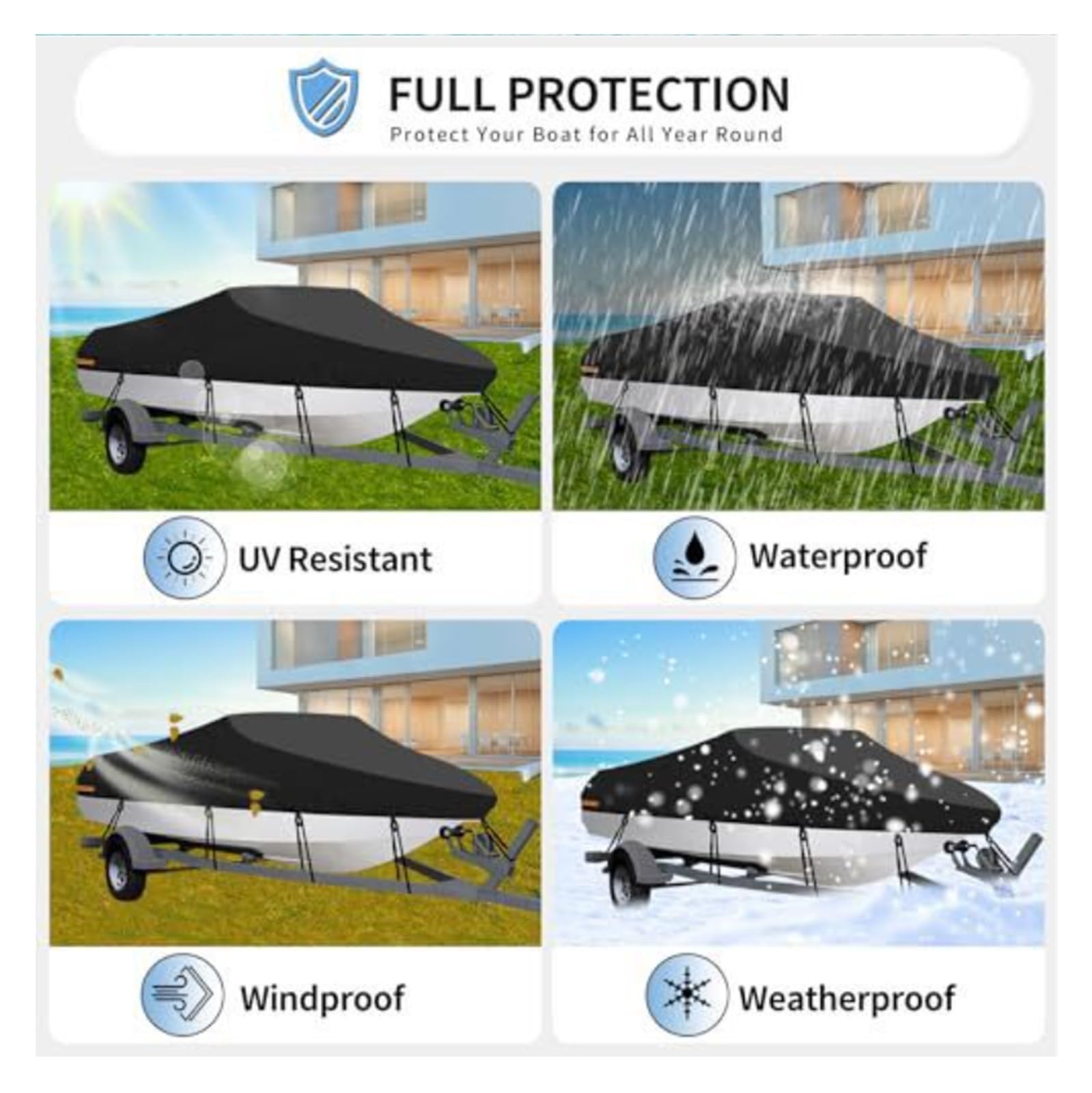 Telo copribarca impermeabile rimorchiabile for carichi pesanti con cinghie regolabili Telo copribarca resistente ai raggi UV adatto allo scafo a V(11-13FT)