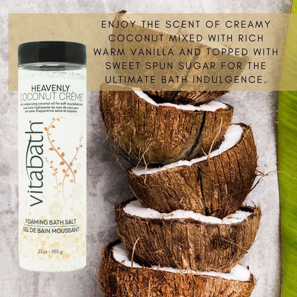 Vitabath Heavenly Coconut Crème Foaming Bath Salts Relaxing Bubble Aromatherapy Skincare - Muscle & Body Ache Soothing & Skin Nourishing Foamy Soak for Women & Men – 27 oz