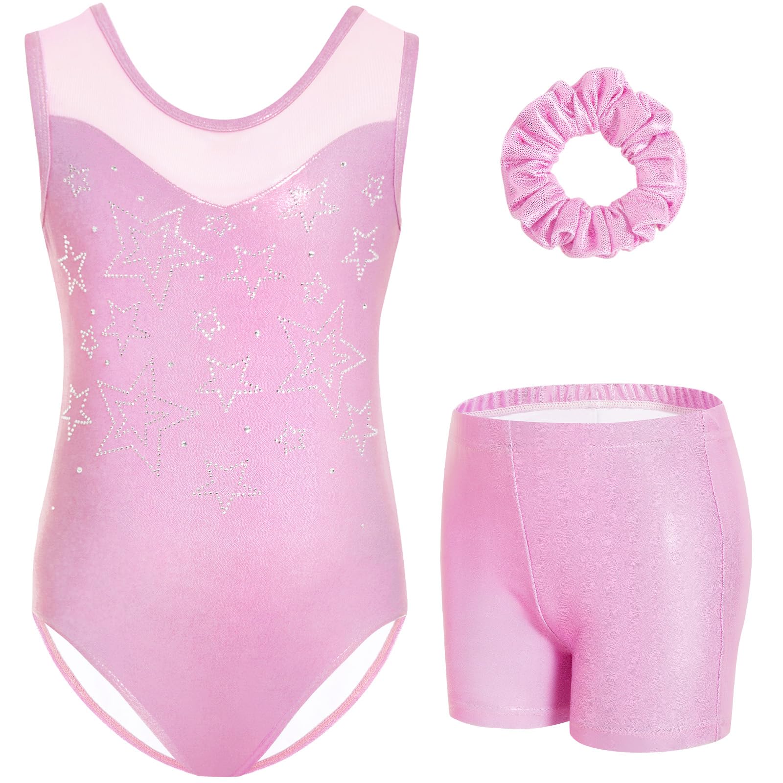 Gogokids Mädchen ärmellos Strass Gymnastik Set, 3-teiliges Kinder Leotard mit Shorts & Haarband, Mesh-eingesetzter Ausschnitt Gymnastikanzug Mädchen Set im Alter 3-12, Ideal als Geschenk für Gymnastik