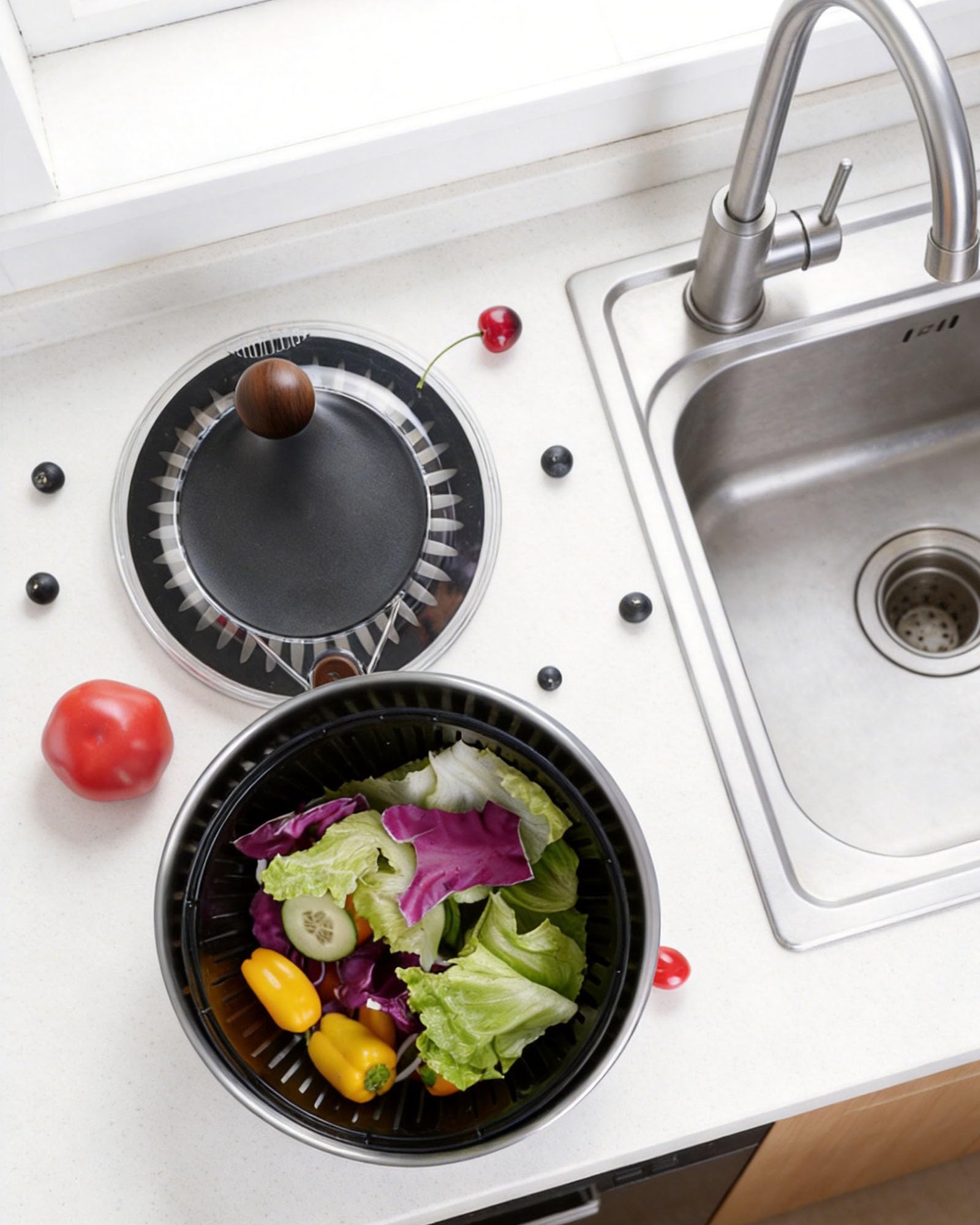 Essoreuse à salade en acier inoxydable, grand nettoyeur de laitue et de légumes avec fond antidérapant, bouton d'arrêt rapide, passe au lave-vaisselle, sans BPA, noir