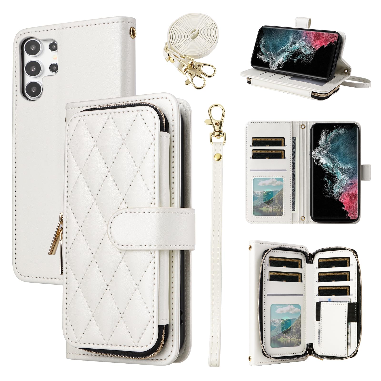 Furiet Argyle Wallet Case for Samsung Galaxy S25 Ultra 5G with Wrist Strap Shoulder Strap, Card Slots Zipper Purse Stand Checkered Phone Cover for